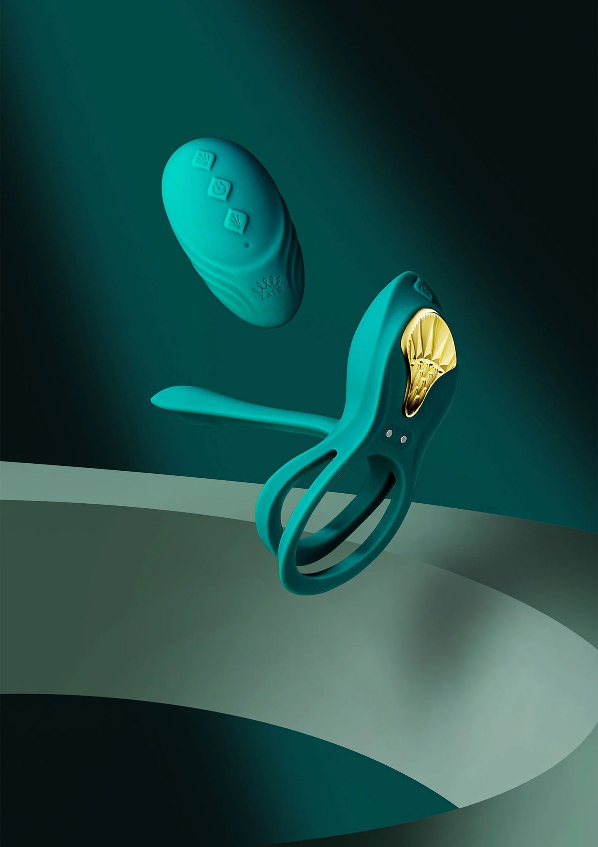 Groene cockring-vibrator met gouden inzet en bijpassende afstandsbediening