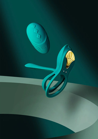 Groene cockring-vibrator met gouden inzet en bijpassende afstandsbediening
