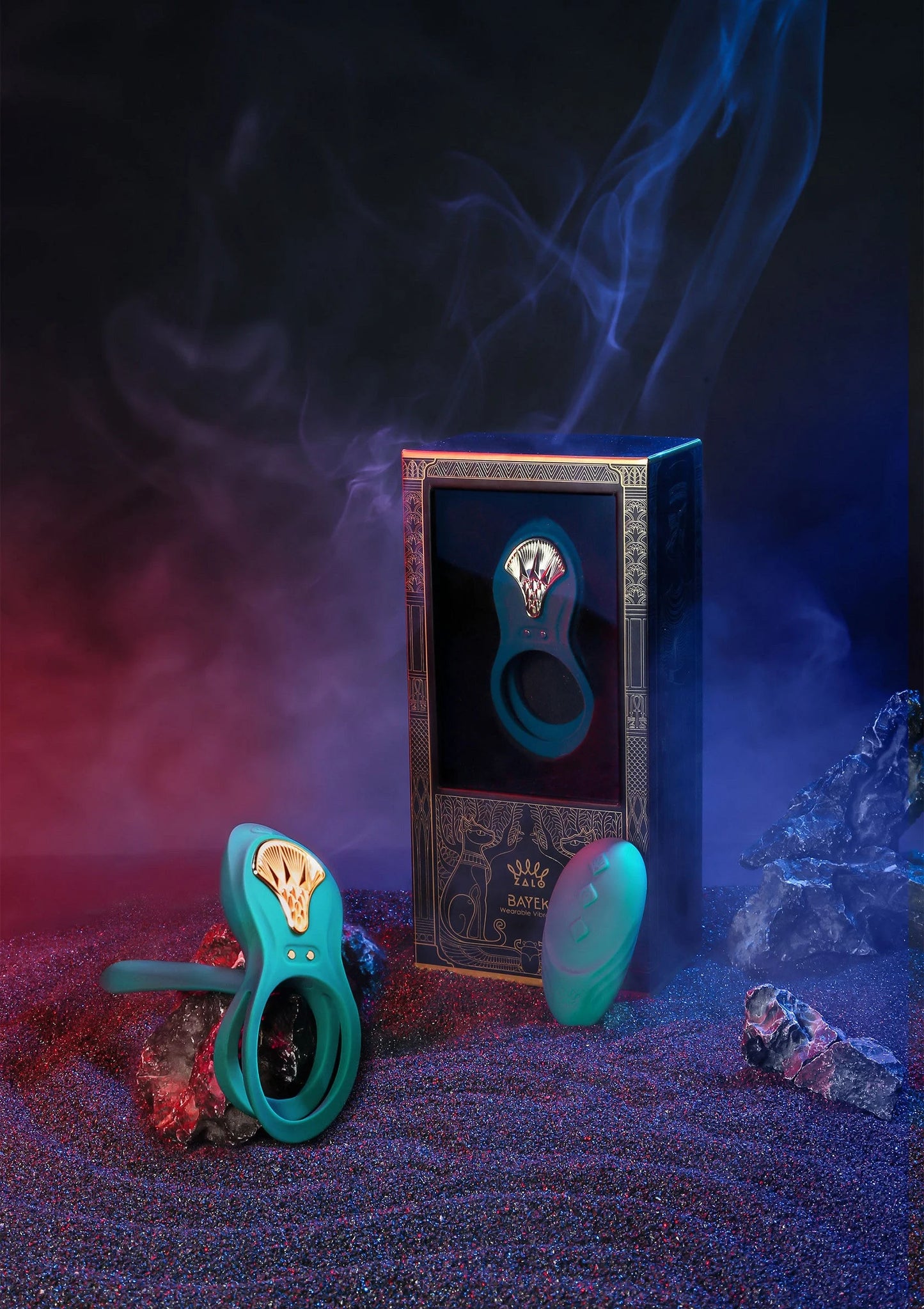 Groene cockring-vibrator met afstandsbediening, open lus en gouden detail