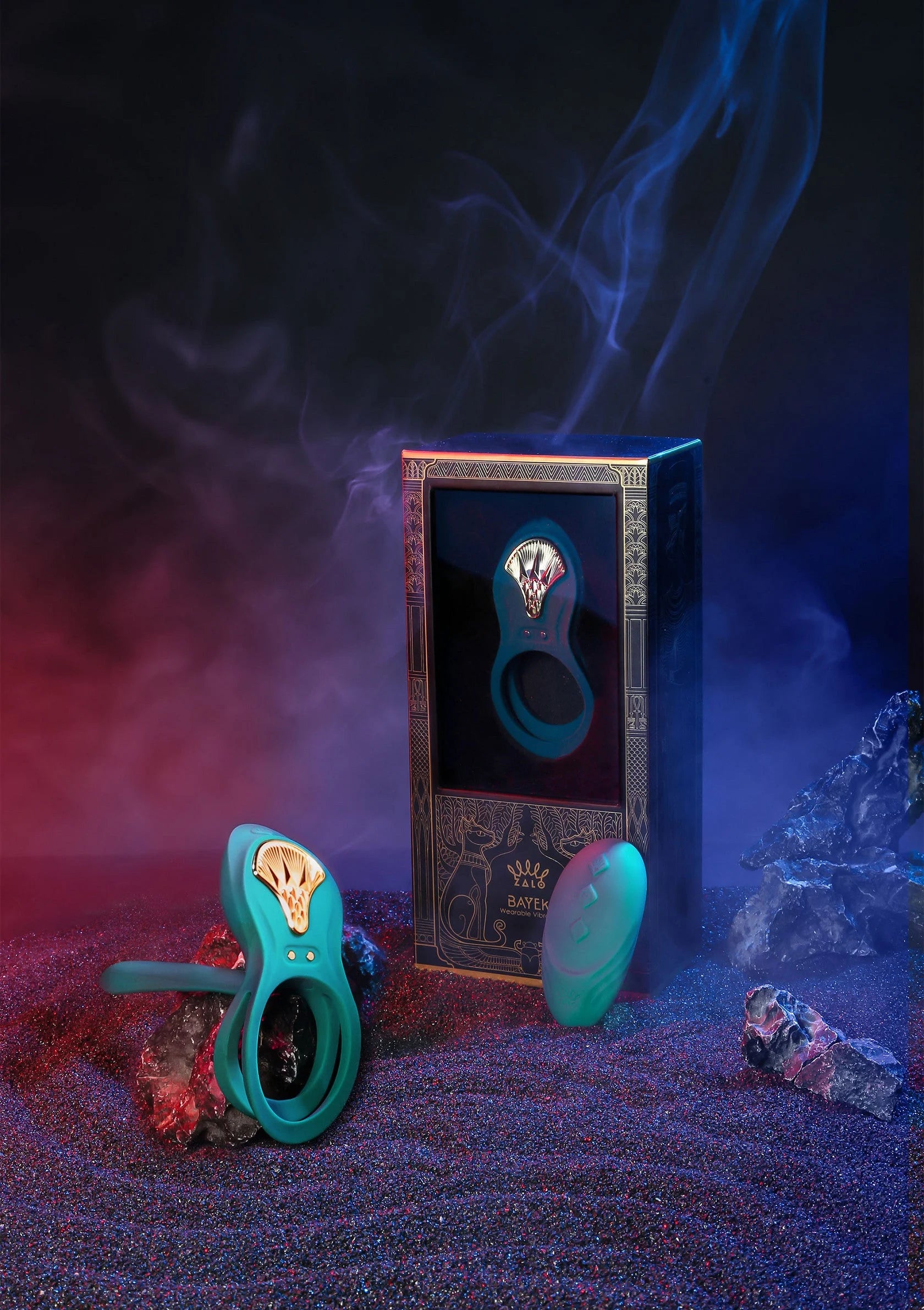 Groene cockring-vibrator met afstandsbediening, open lus en gouden detail