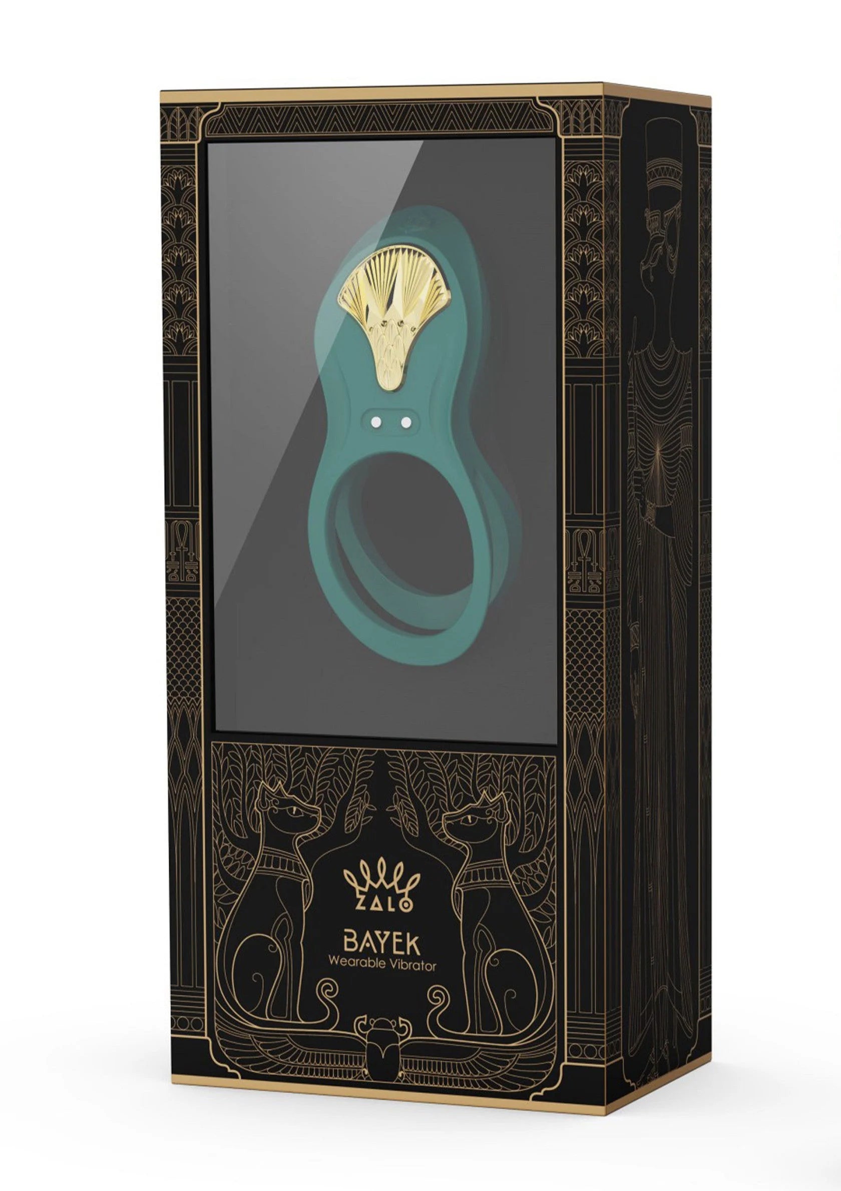Doos van Zalo Bayek cockring-vibrator met afstandsbediening, groen en goud