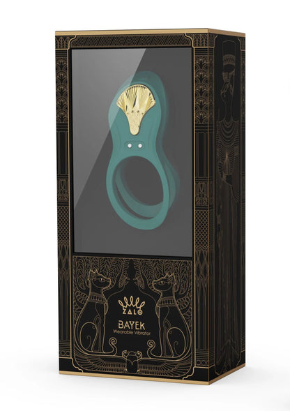 Doos van Zalo Bayek cockring-vibrator met afstandsbediening, groen en goud
