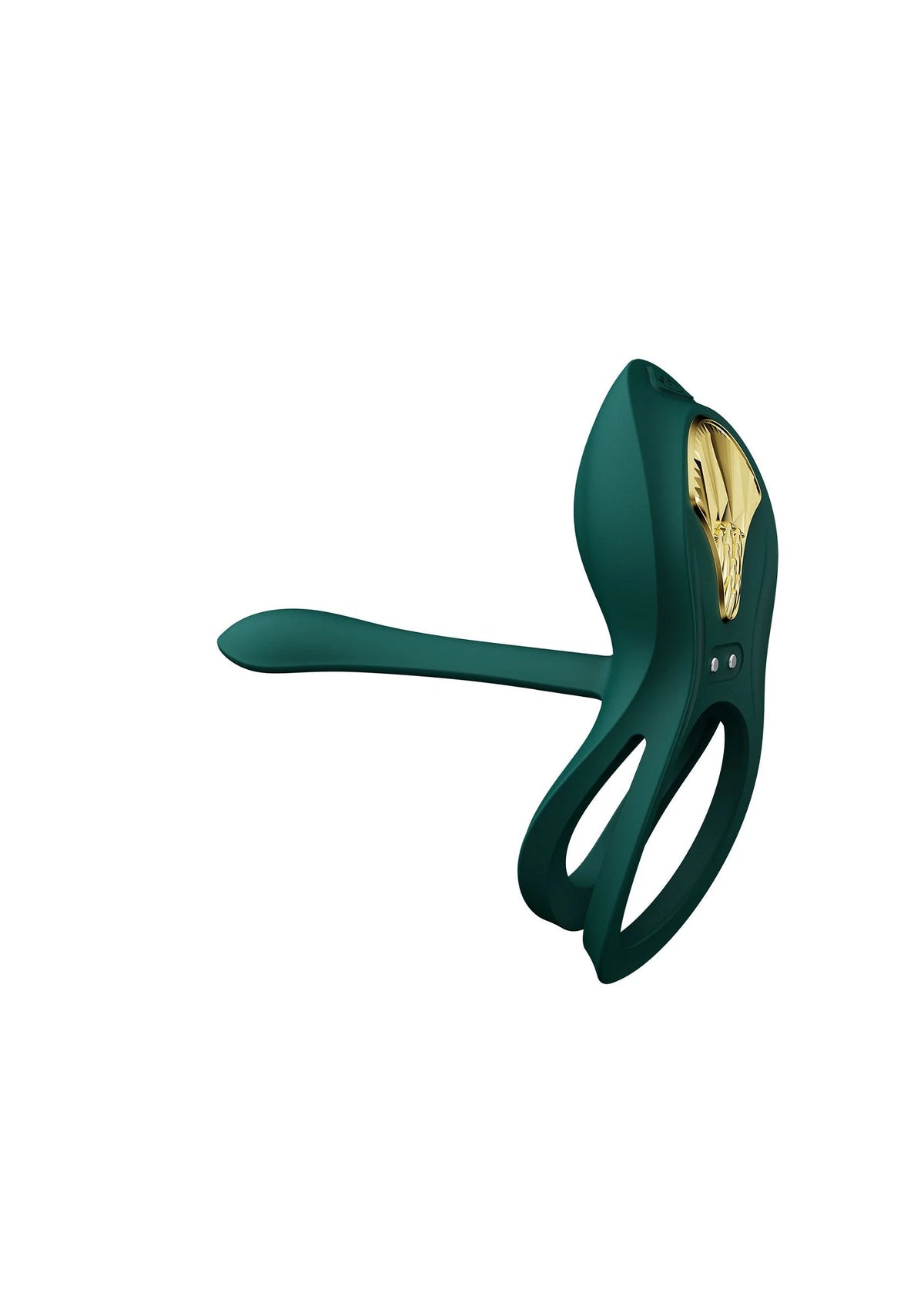 Groene cockring-vibrator met lange staaf, gouden neus en twee uitsparingen