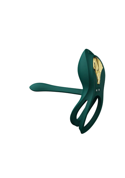 Groene cockring-vibrator met lange staaf, gouden neus en twee uitsparingen
