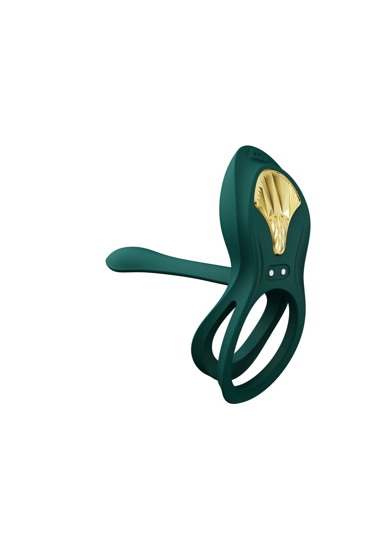 Groene cockring-vibrator, staaf met gouden inzet en twee ronde openingen