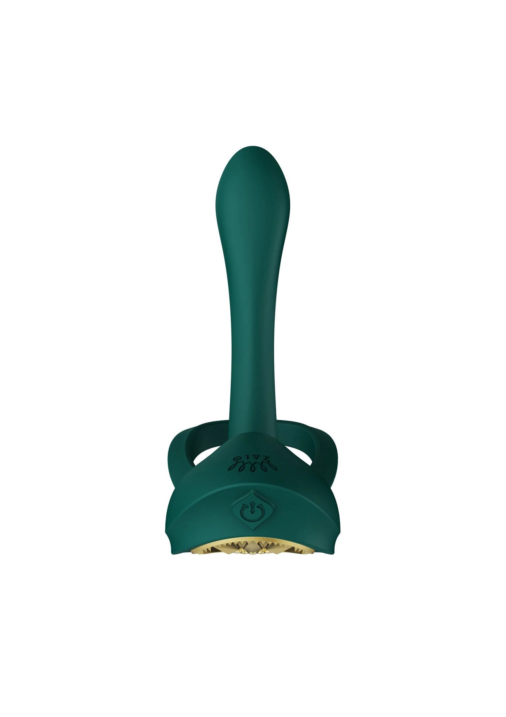 Groene cockring-vibrator met lange staaf en ronde open lus, onderkant zichtbaar
