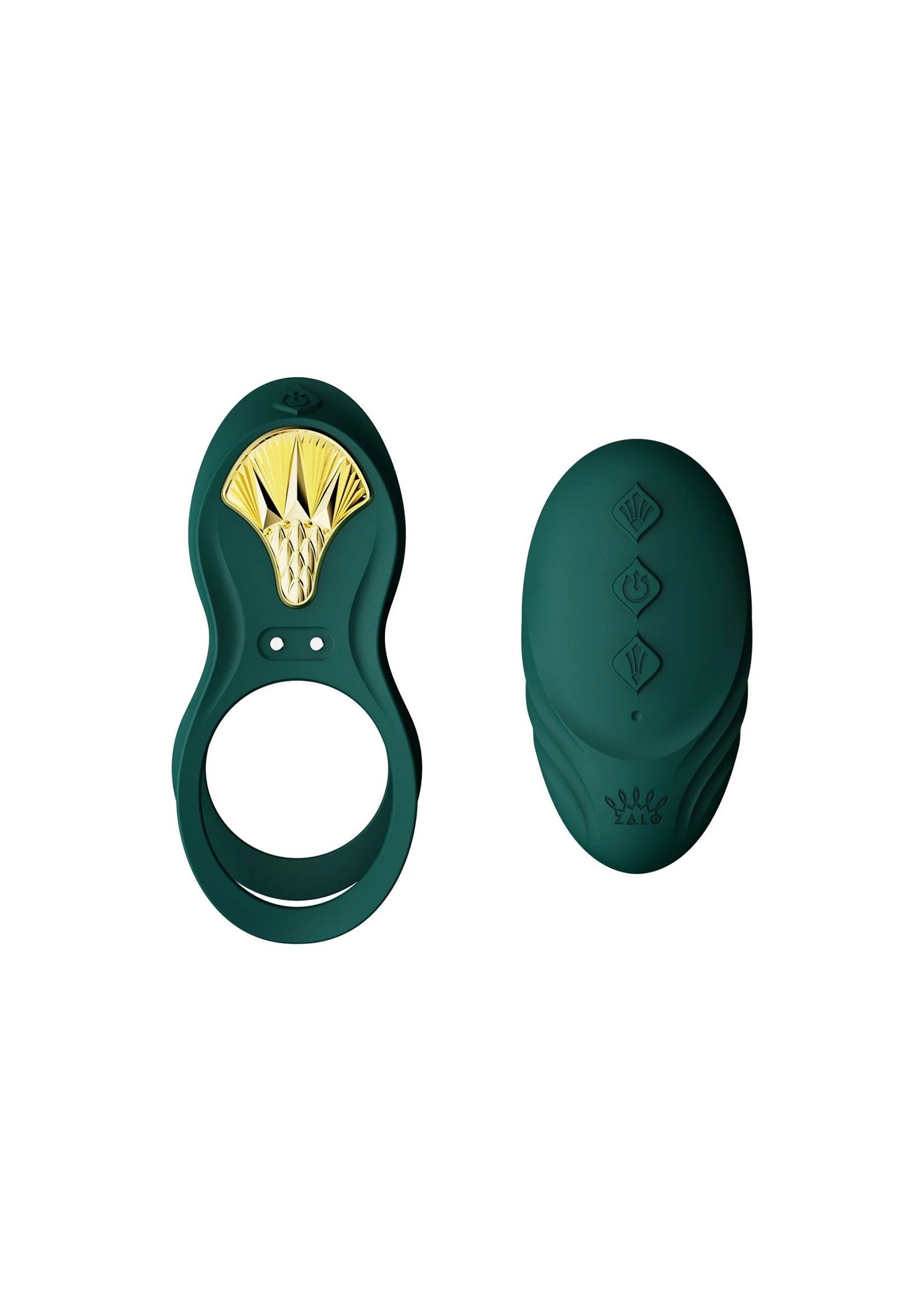 Groene cockring-vibrator met ringvormige opening; ovale afstandsbediening apart.