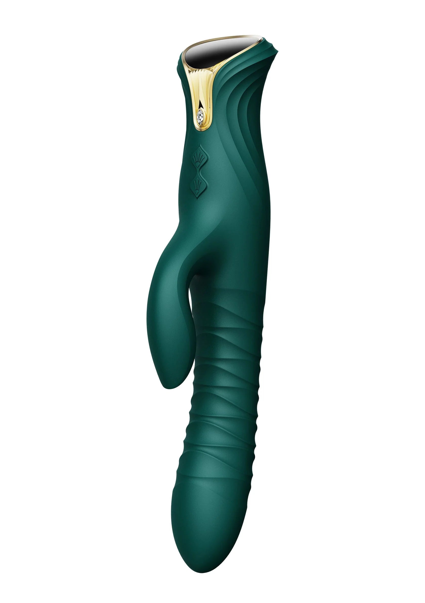 Donkergroene konijnvormige thruster, staande weergave met goudkleurig detail bovenop