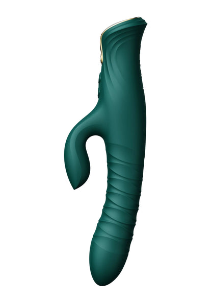Verwarmende rabbit-thruster in donkergroen met open hand en voet, gladde textuur.