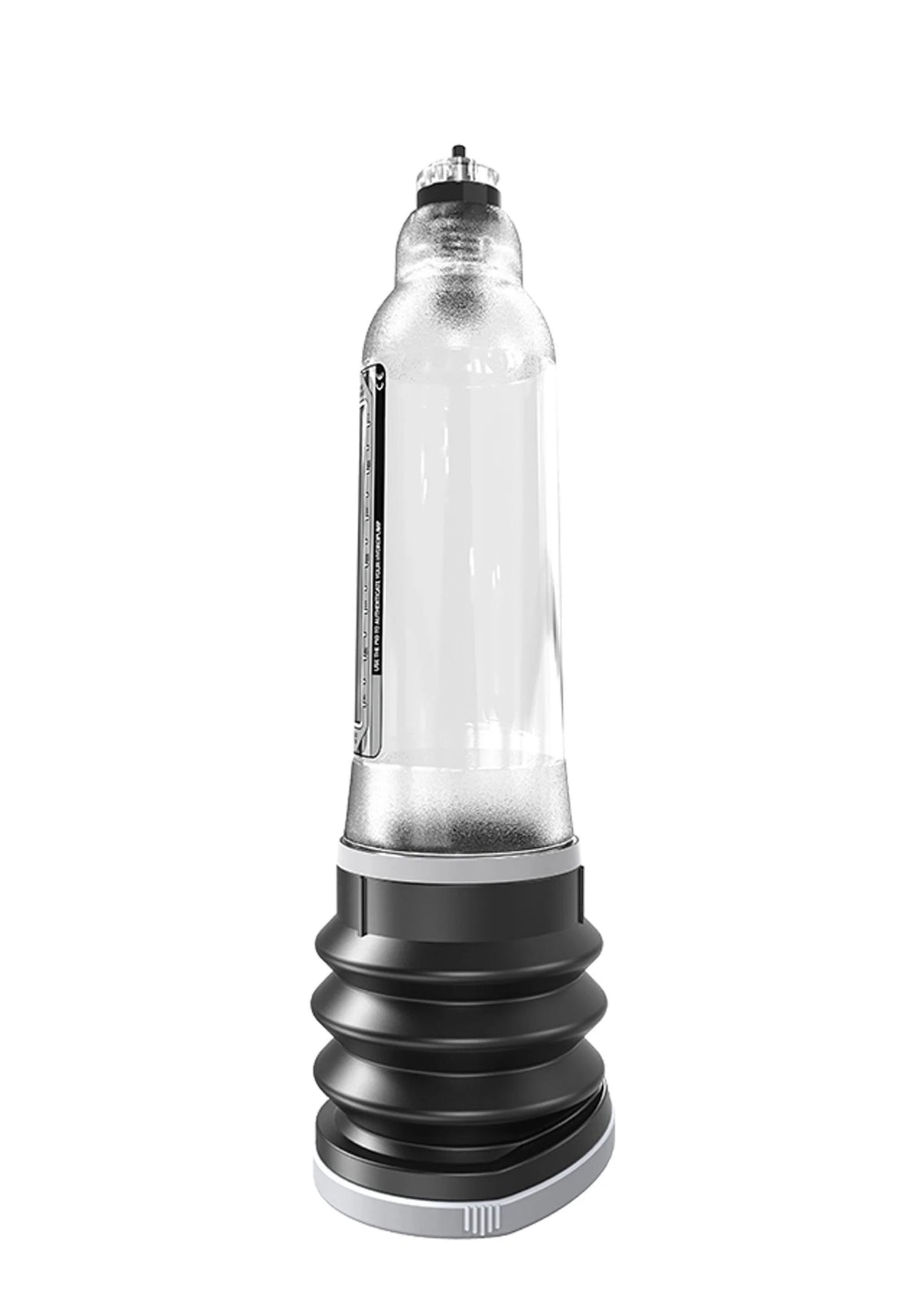 HydroMax 7 waterpomp met zilverkleurige fles en zwarte geribde voet, hoekaanzicht