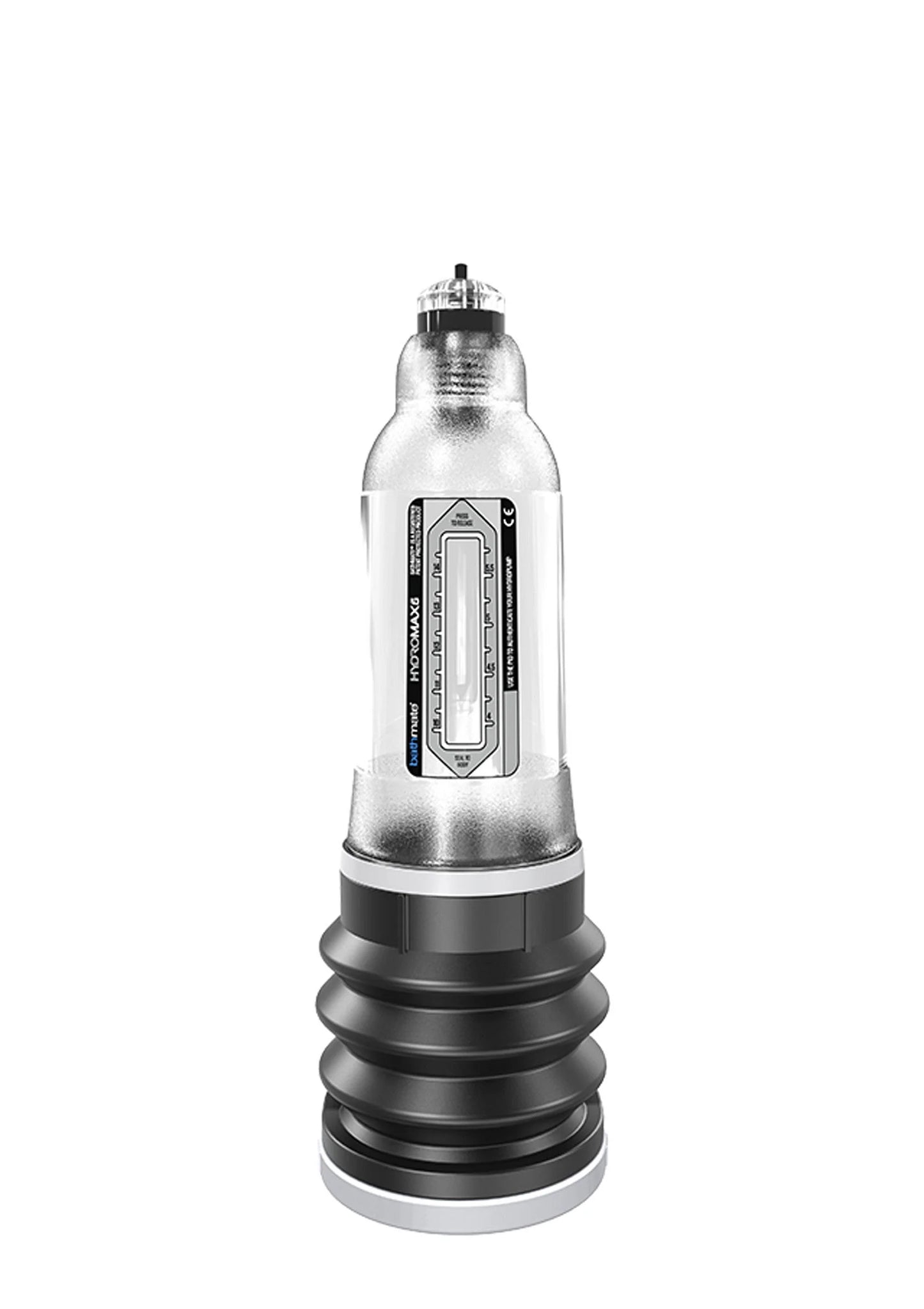 HydroMax 5 pomp van Bathmate met label op zilveren behuizing en zwarte voet