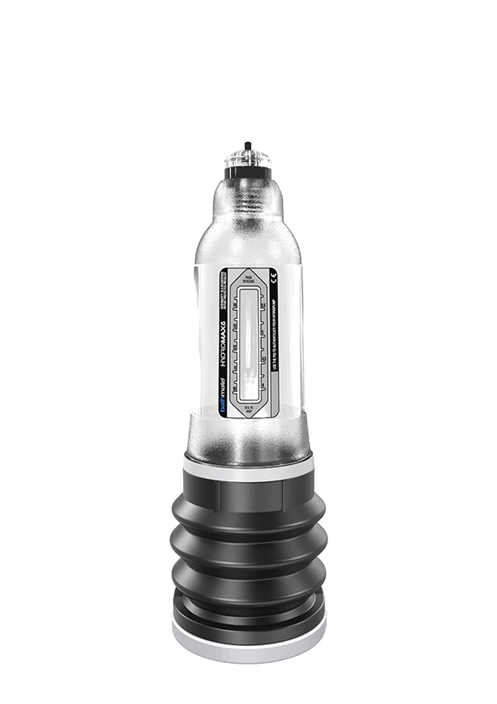 HydroMax 5 pomp van Bathmate met label op zilveren behuizing en zwarte voet