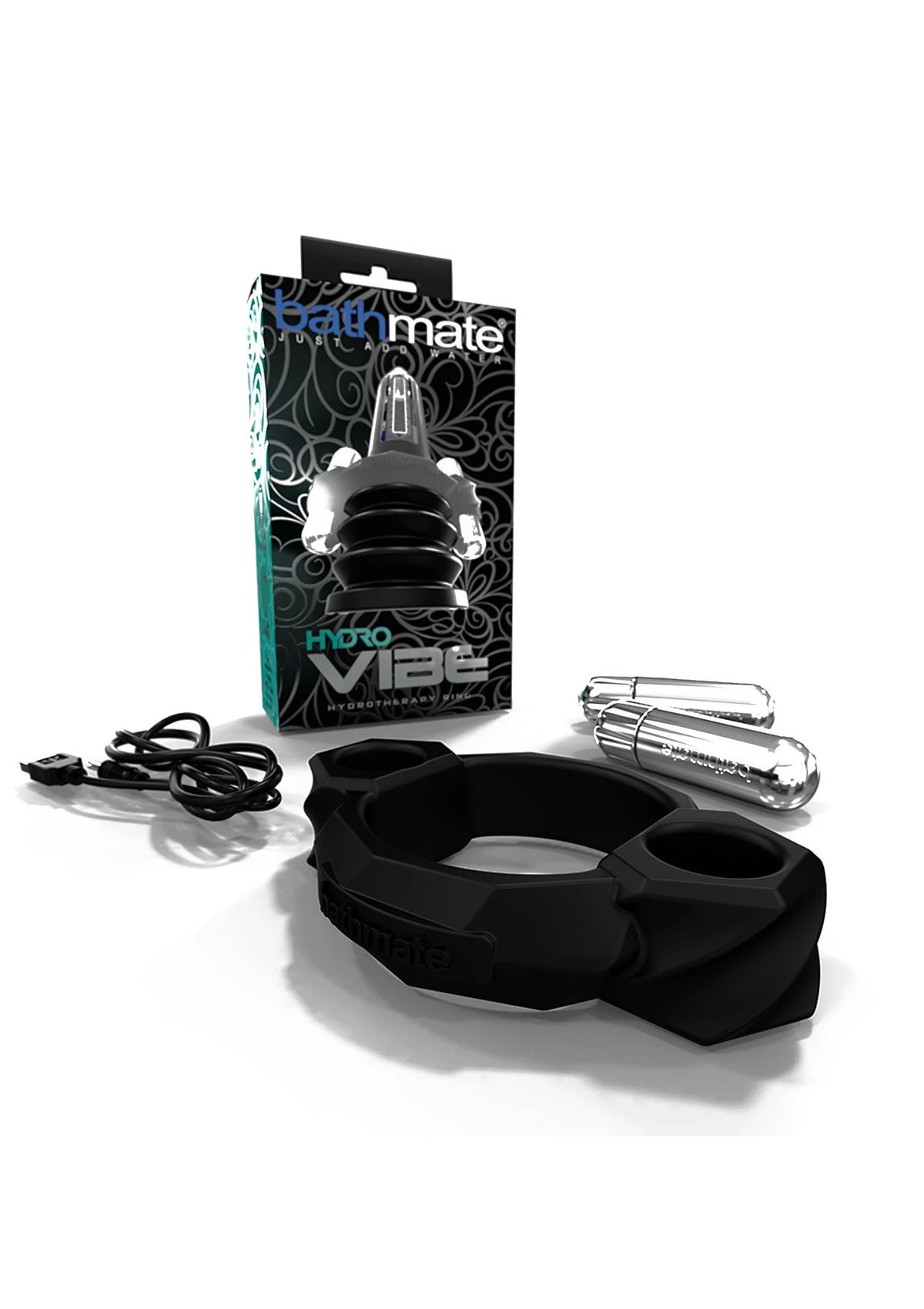 Zwarte Bathmate HydroVibe cockring met twee zilveren trilkoppen en verpakking