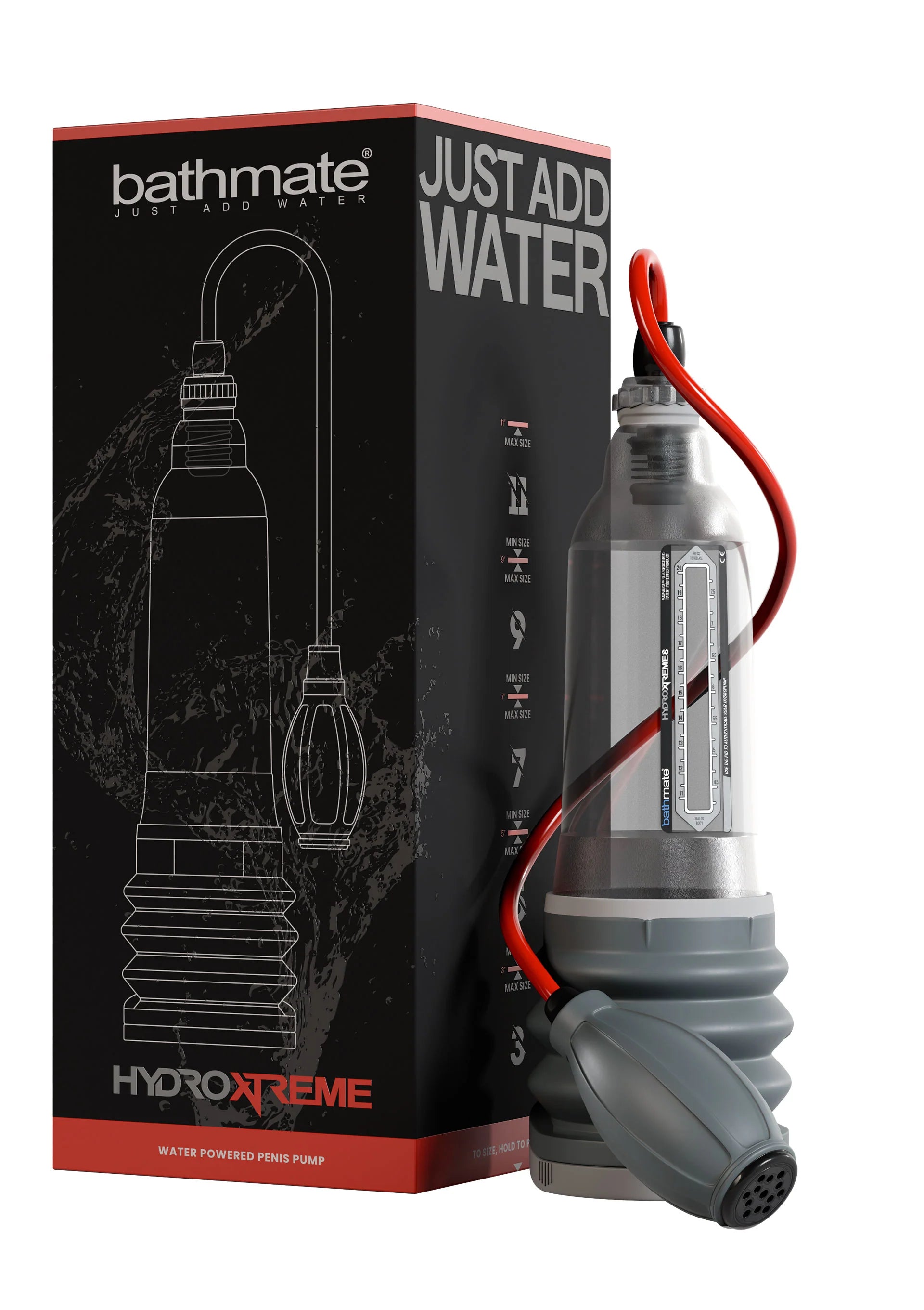 HydroXtreme 8 waterpomp naast verpakking; grijze cilinder met rode slang en mondstuk