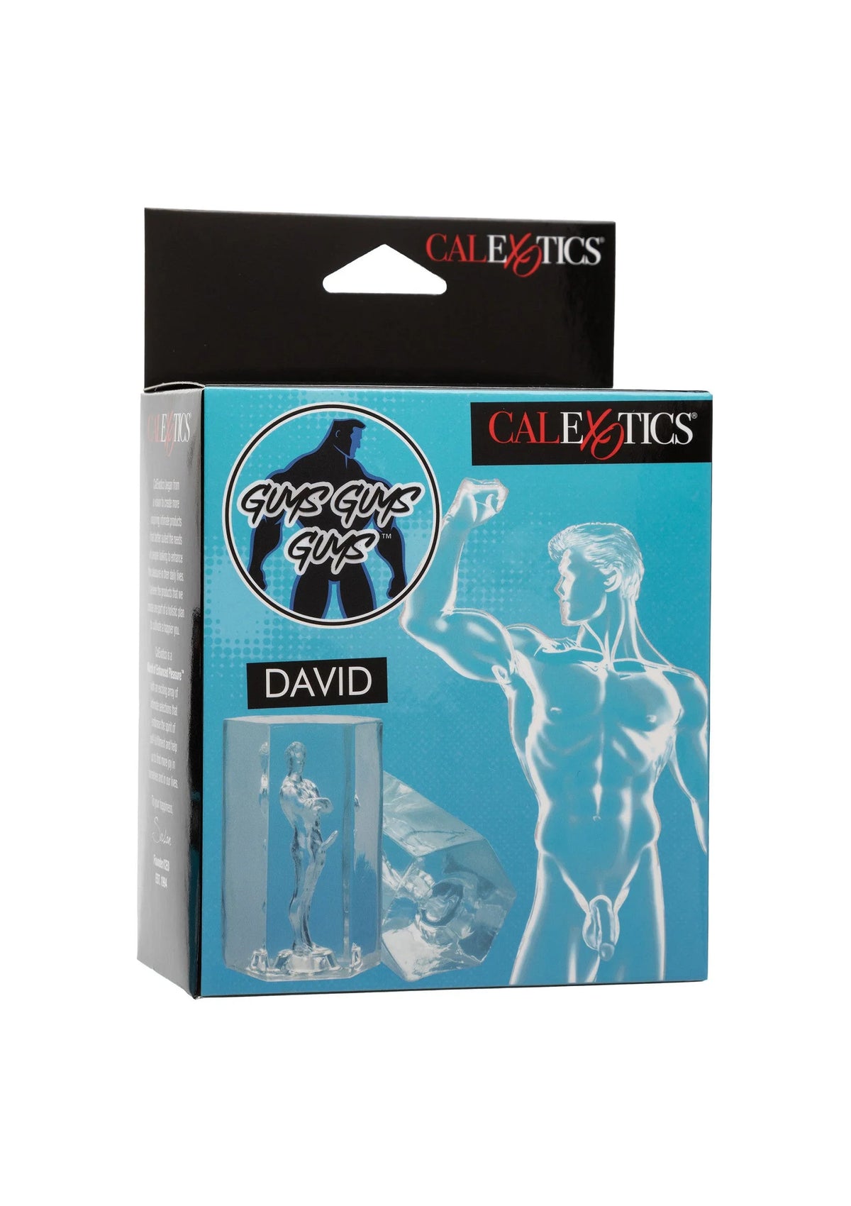 Verpakking van CalExotics met turquoise voorkant en afbeelding van David en naakte figuur.