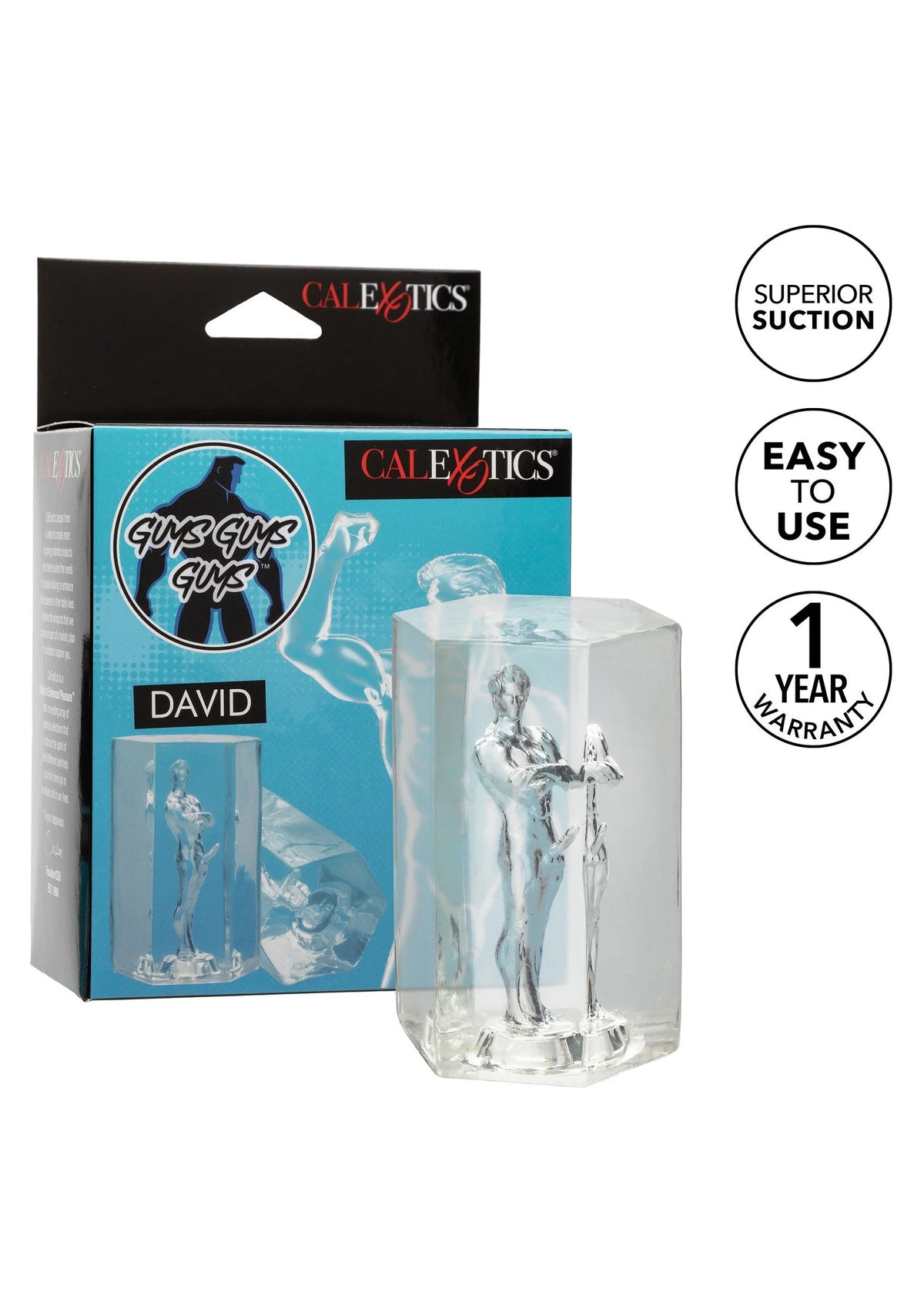 CalExotics doos met product en los transparant blok met naakte manfiguur, staand.