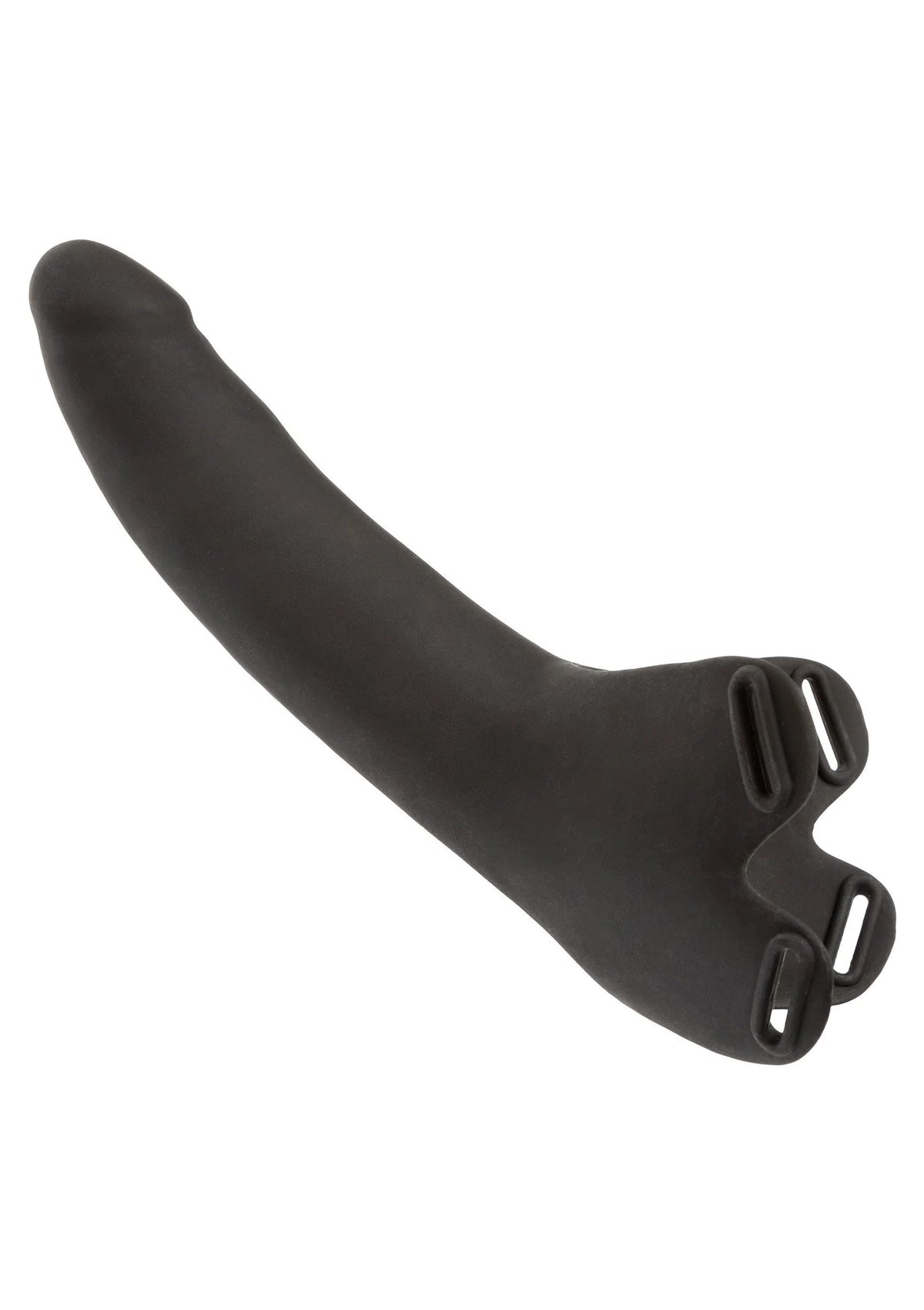 Zwarte siliconen dildo met dubbele instelbandjes onderaan