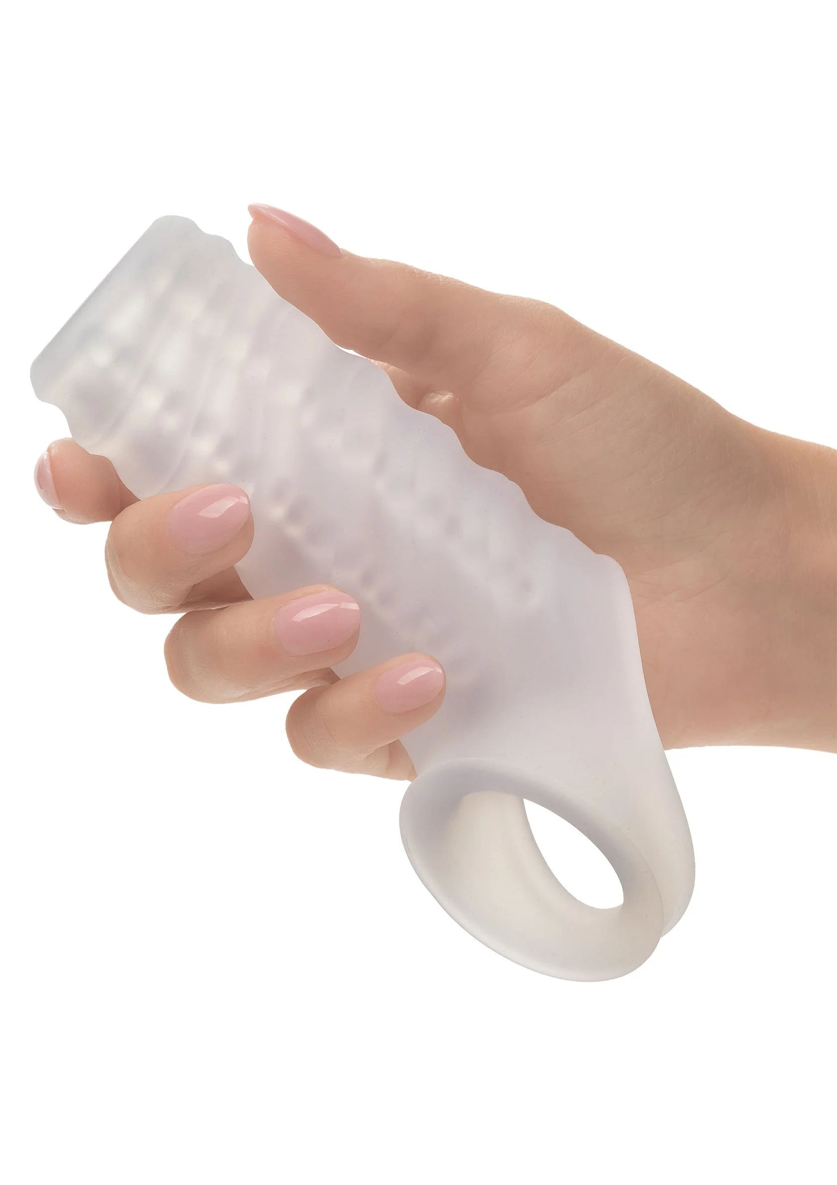 Reversibele siliconen mouw met ringopening en ribbelstructuur, in hand