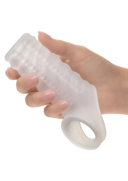 Reversibele siliconen mouw met ringopening en ribbelstructuur, in hand