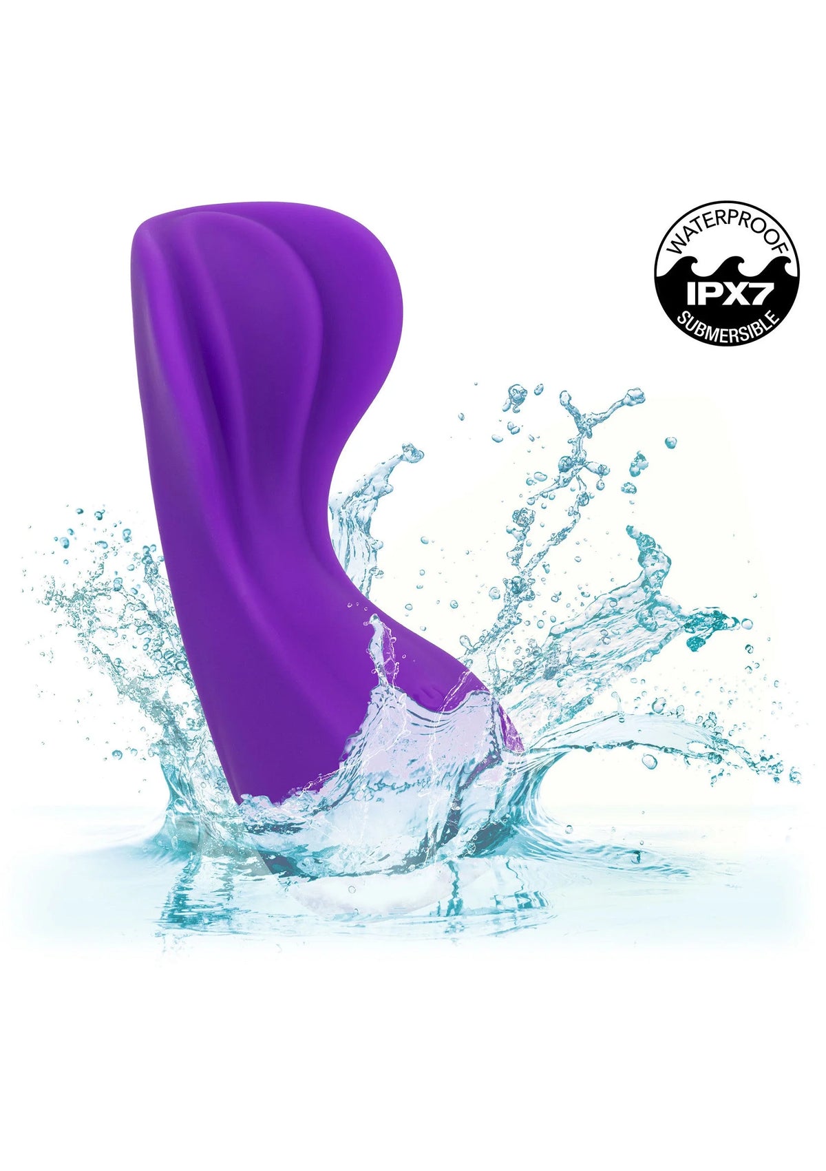 Paarse siliconen vibrator met waterdruppels; waterdichte body.
