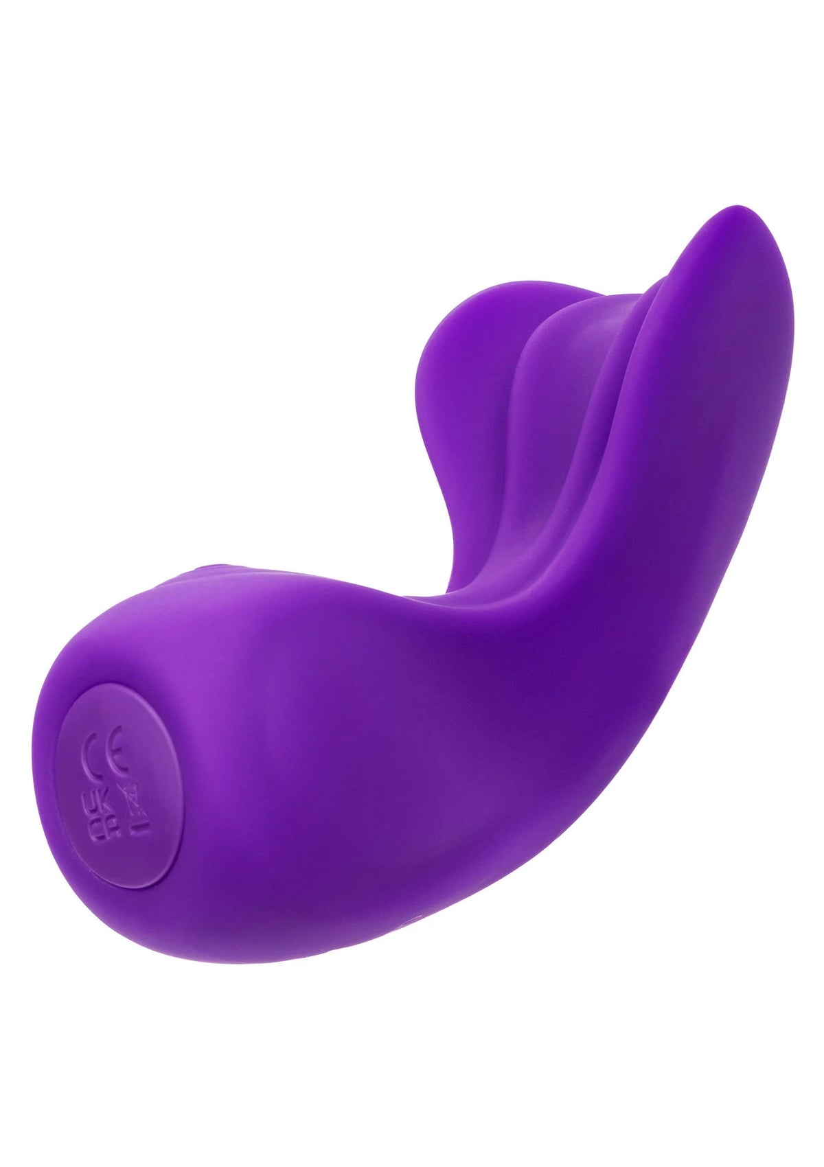 Paarse siliconen vibrator met gebogen vorm en ronde bedieningsknop.