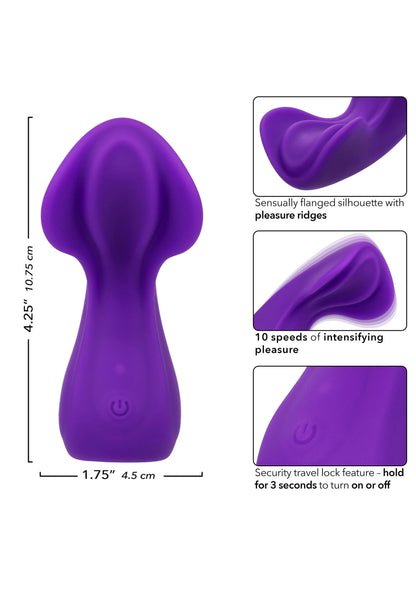 Paarse siliconen vibrator met afmetingen en opdruk op het lichaam.