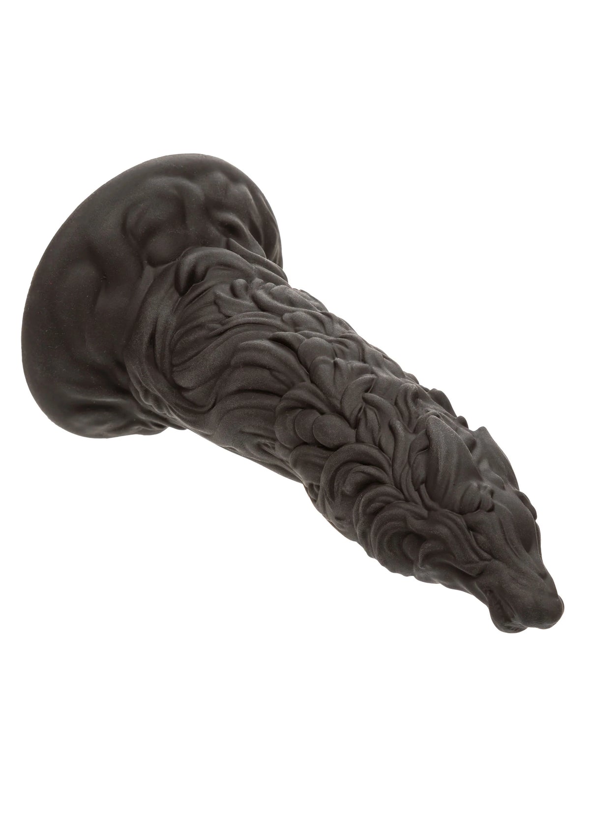 Zwarte monster-dong plat neergelegd, opgerolde kop en getextureerd middenstuk.