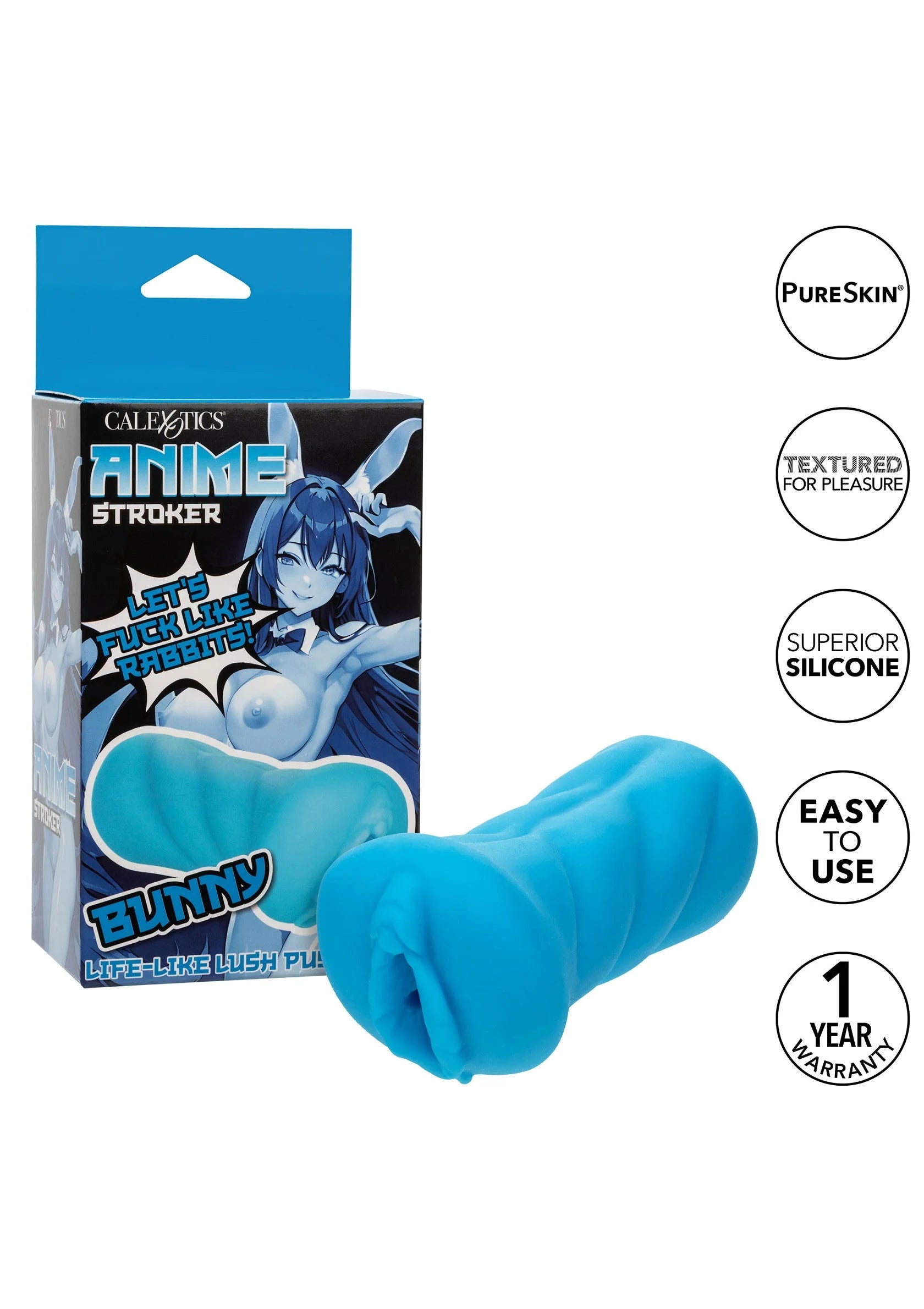 Blauwe siliconen bunny-stroker in verpakking, met productafbeelding