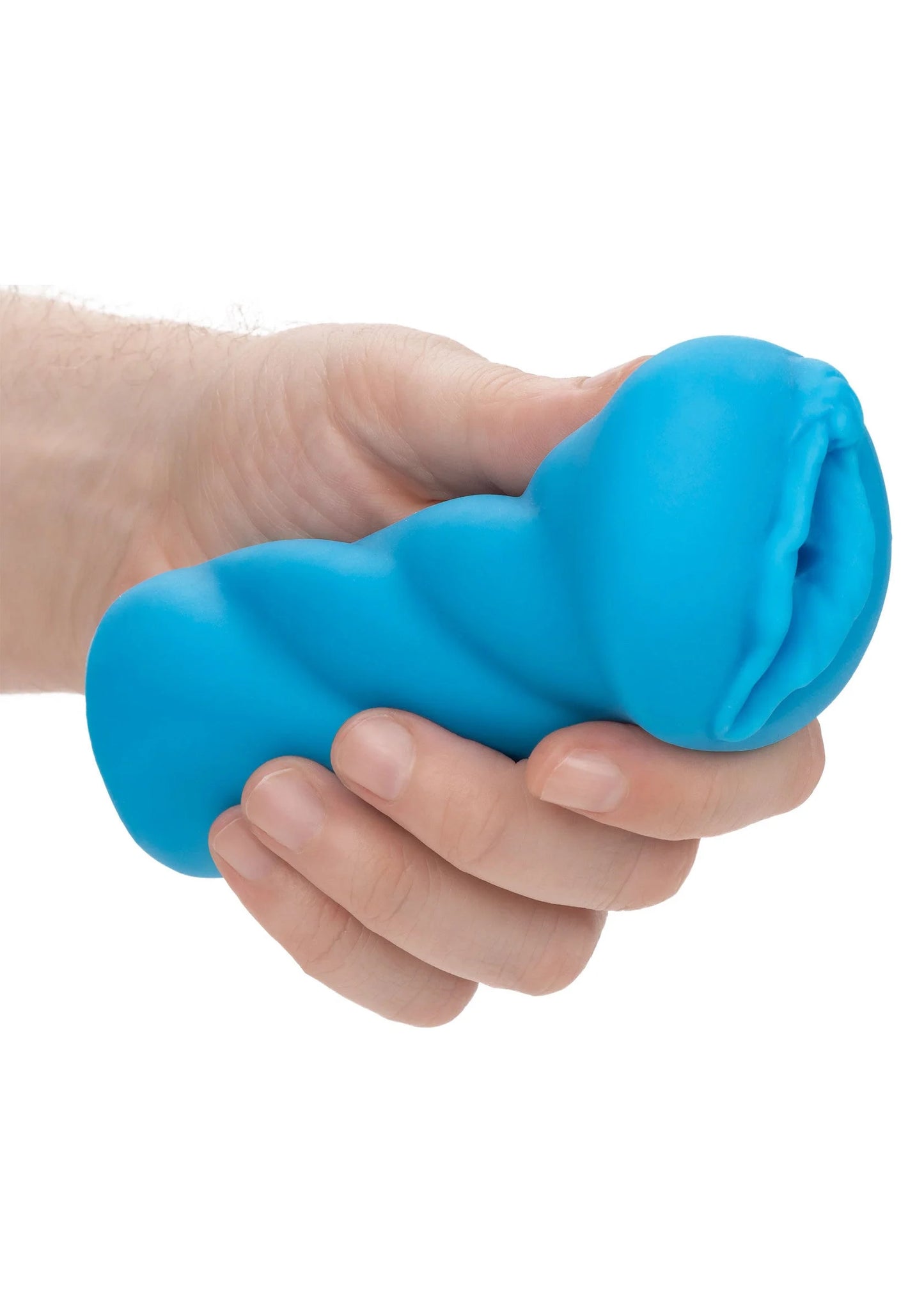 Blauwe siliconen bunny-stroker vastgehouden in hand