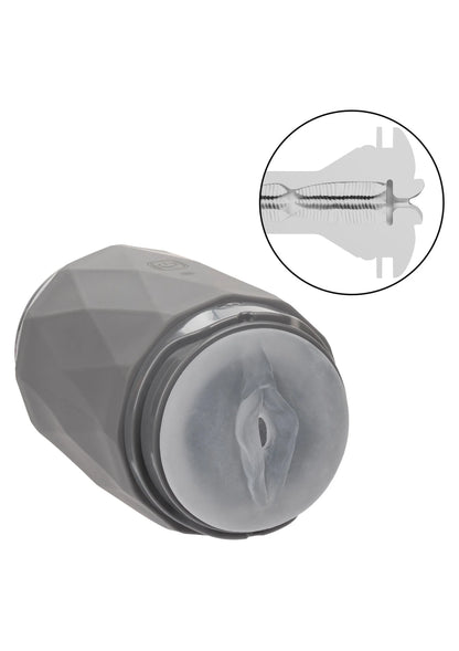 Grijs vibro-knijp apparaat met ronde opening en aansluitende mouw