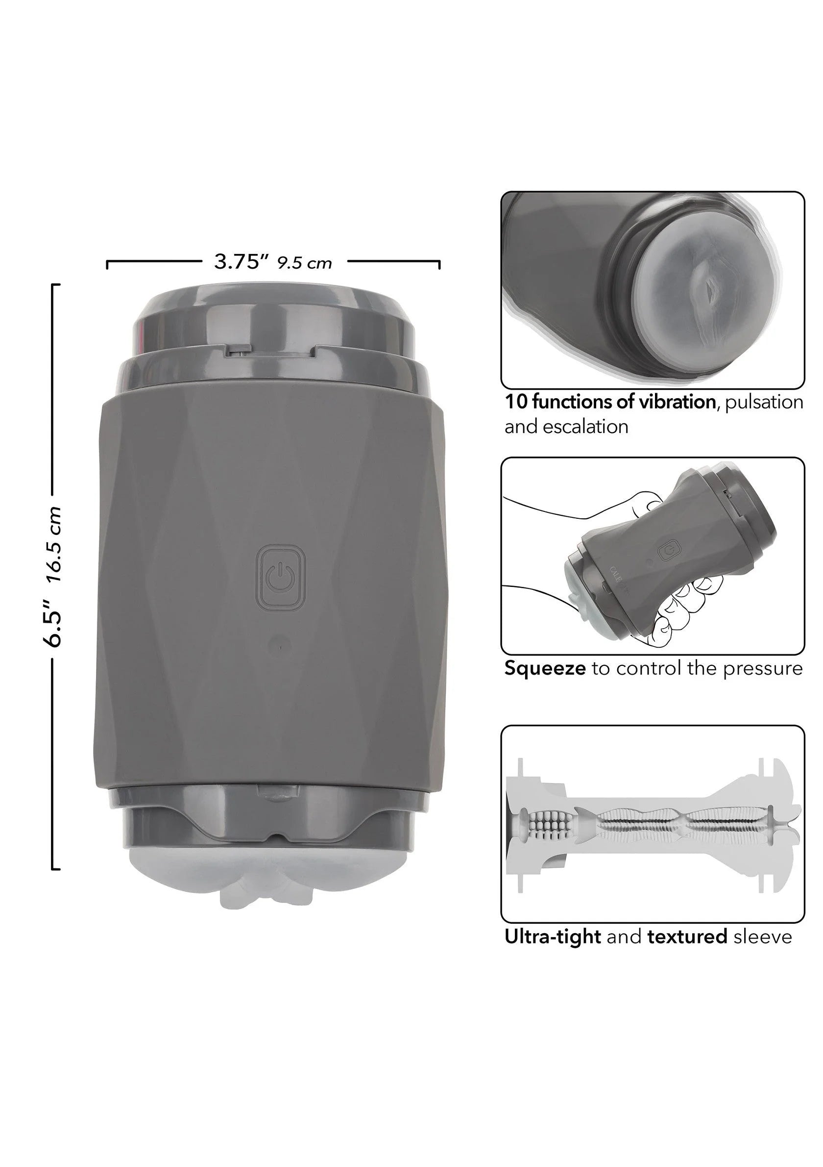 Grijs vibro-knijp apparaat met getextureerde mouw en afmetingenoverzicht