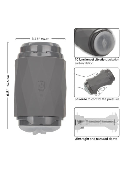 Grijs vibro-knijp apparaat met getextureerde mouw en afmetingenoverzicht