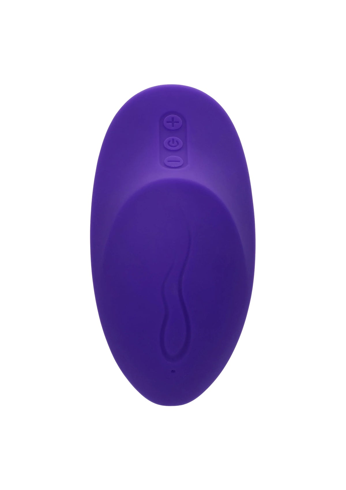 Paarse silicone glijmassager met ovale contour en knoppen op de achterzijde