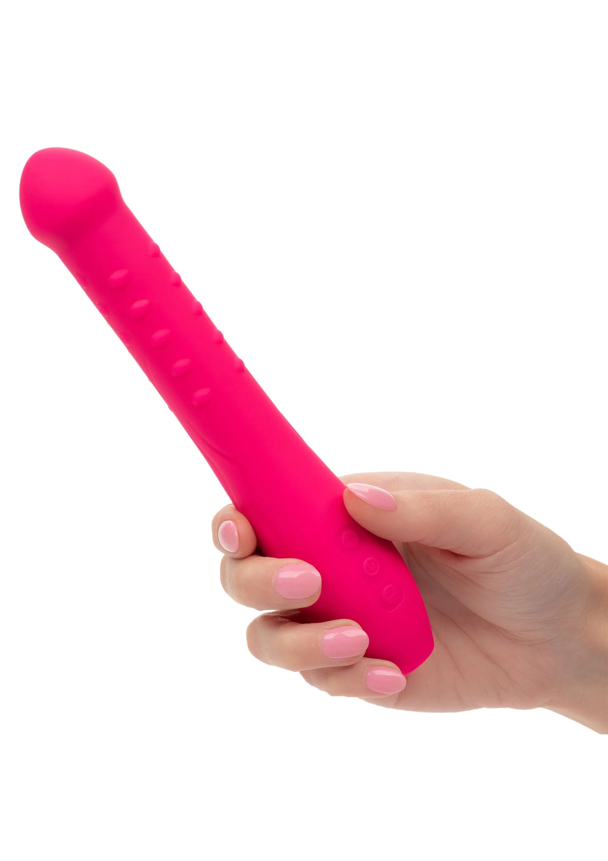 Felroze vibrator met reliëf, vastgehouden door een hand