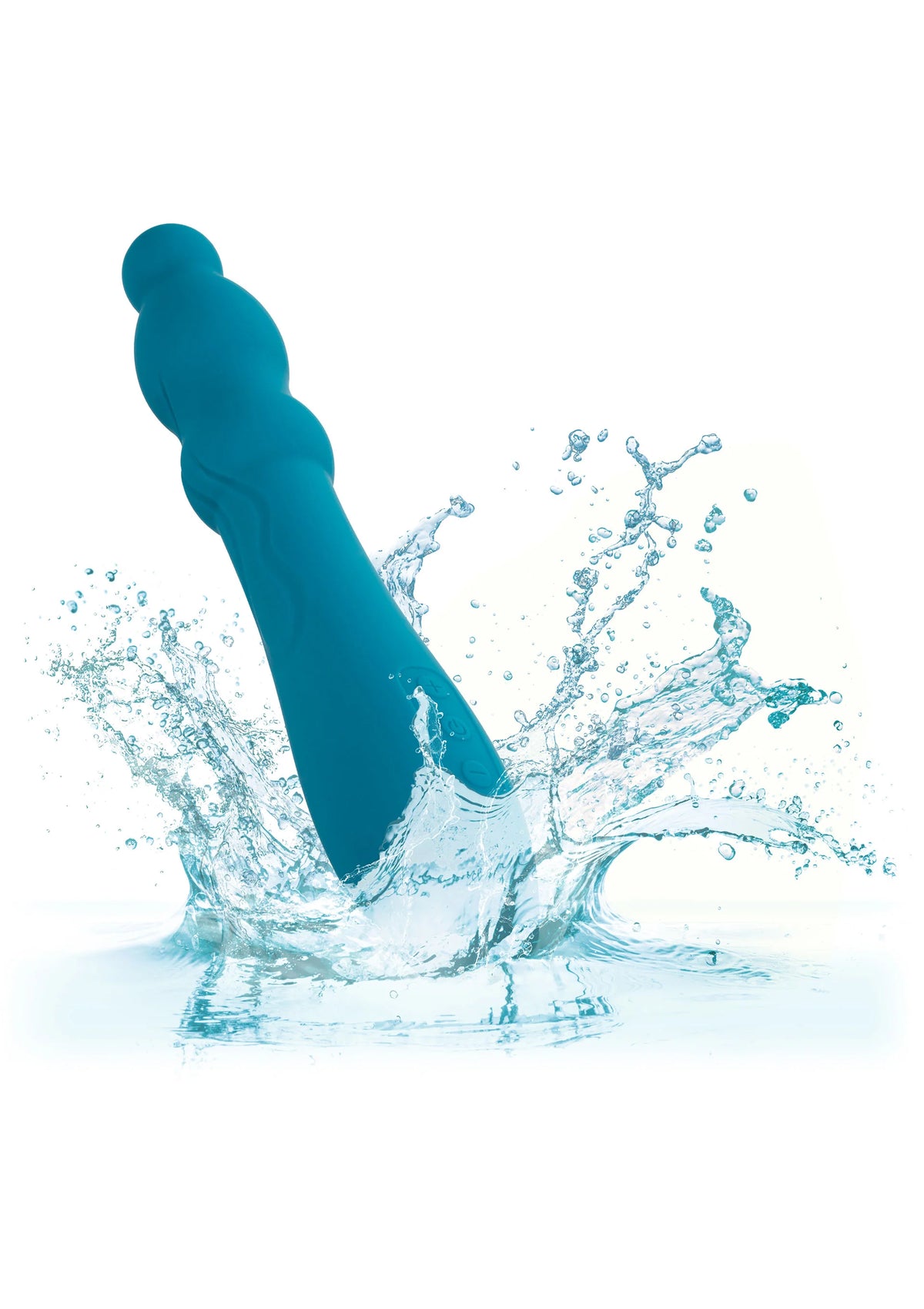 Turkooisblauwe vibrator met waterdruppels rondom, staand in spatten