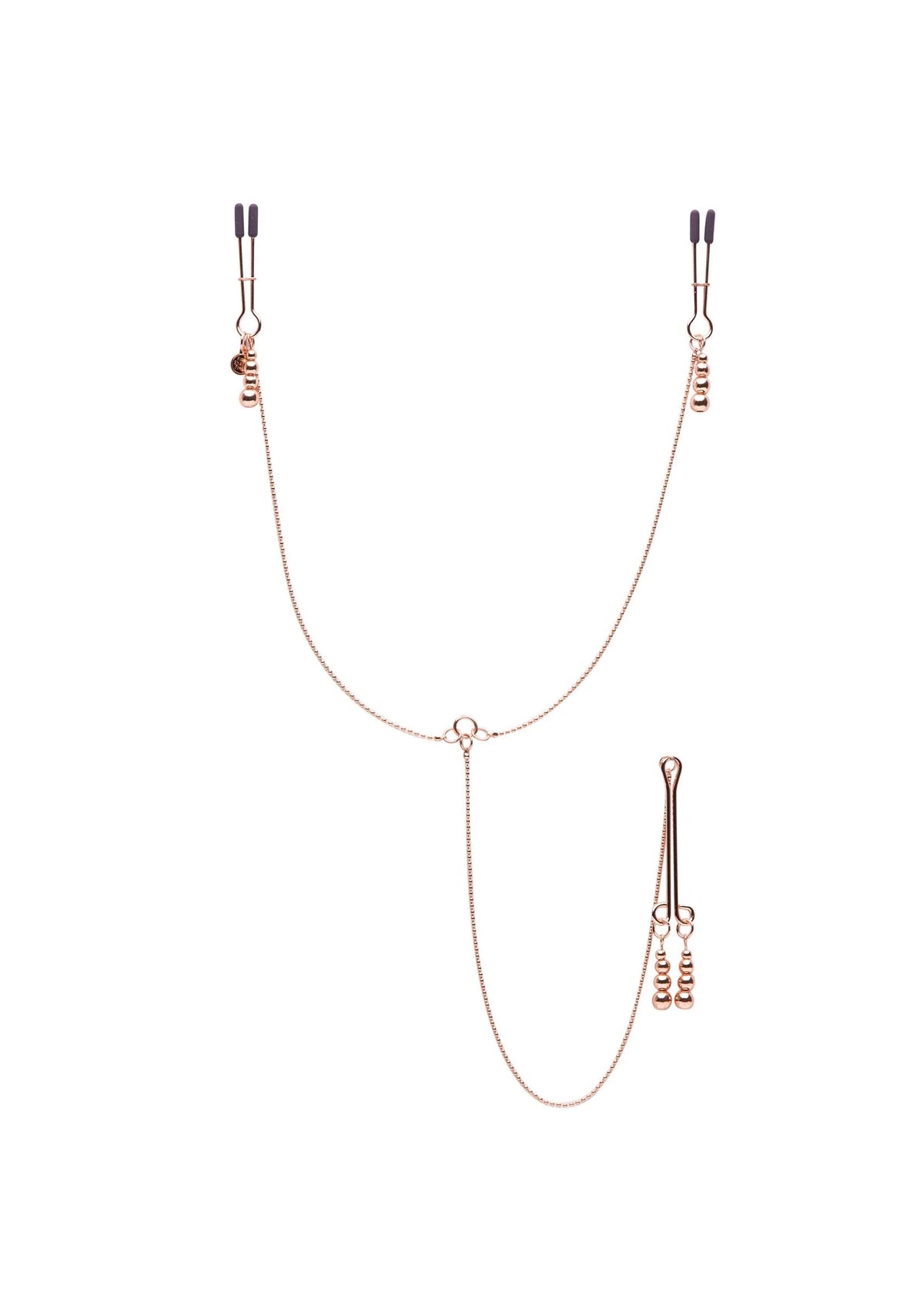 Roze-gouden ketting met twee klemmen en centrale ring, met verlengkettingen