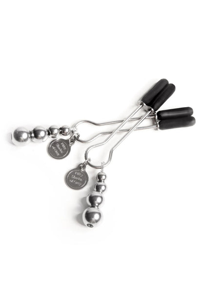 Verstelbare nippelklemmen met zwarte handgrepen en metalen ringen, Fifty Shades of Grey