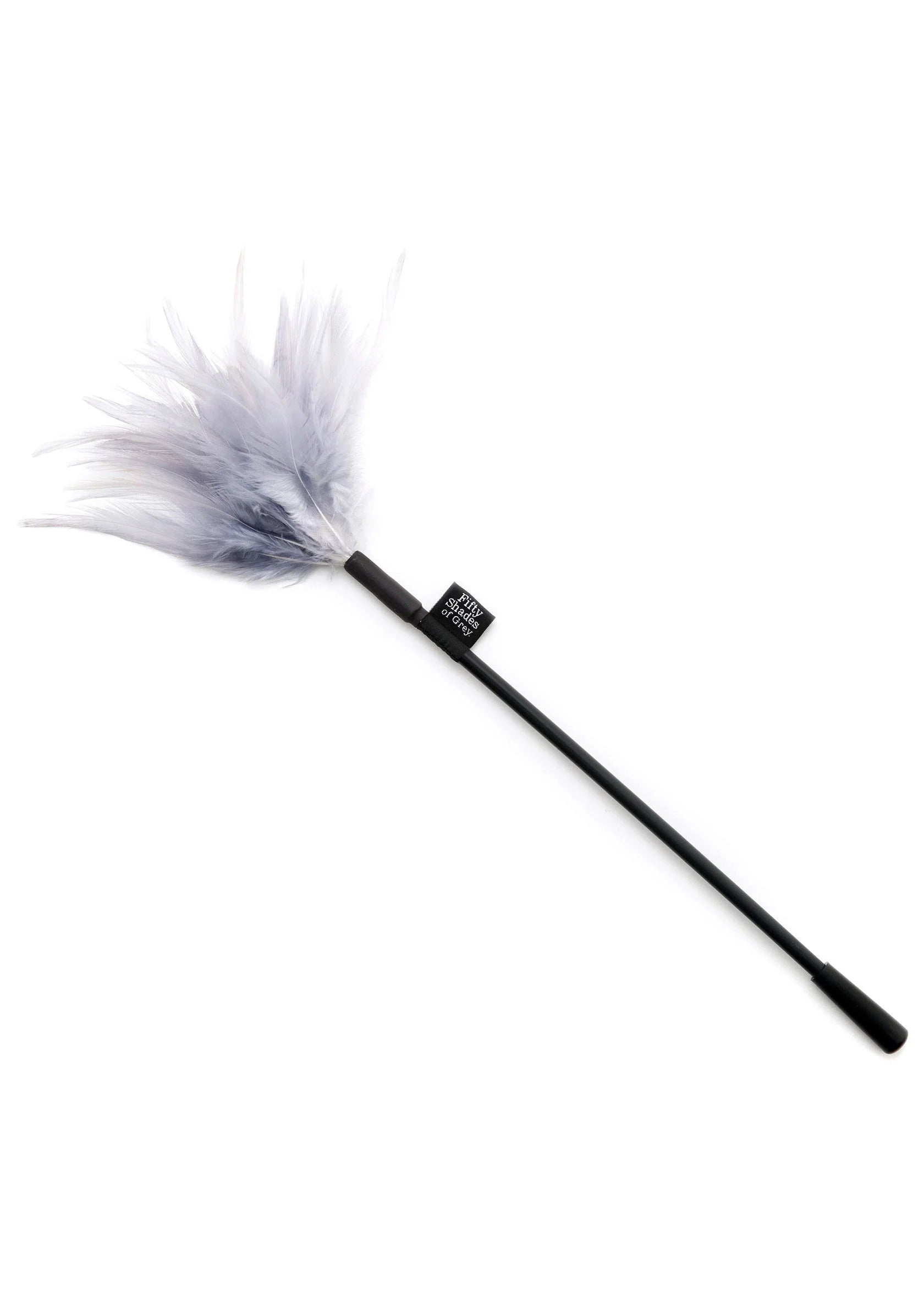 Veer-tickler met lichtgrijze pluim en zwarte steel, close-up