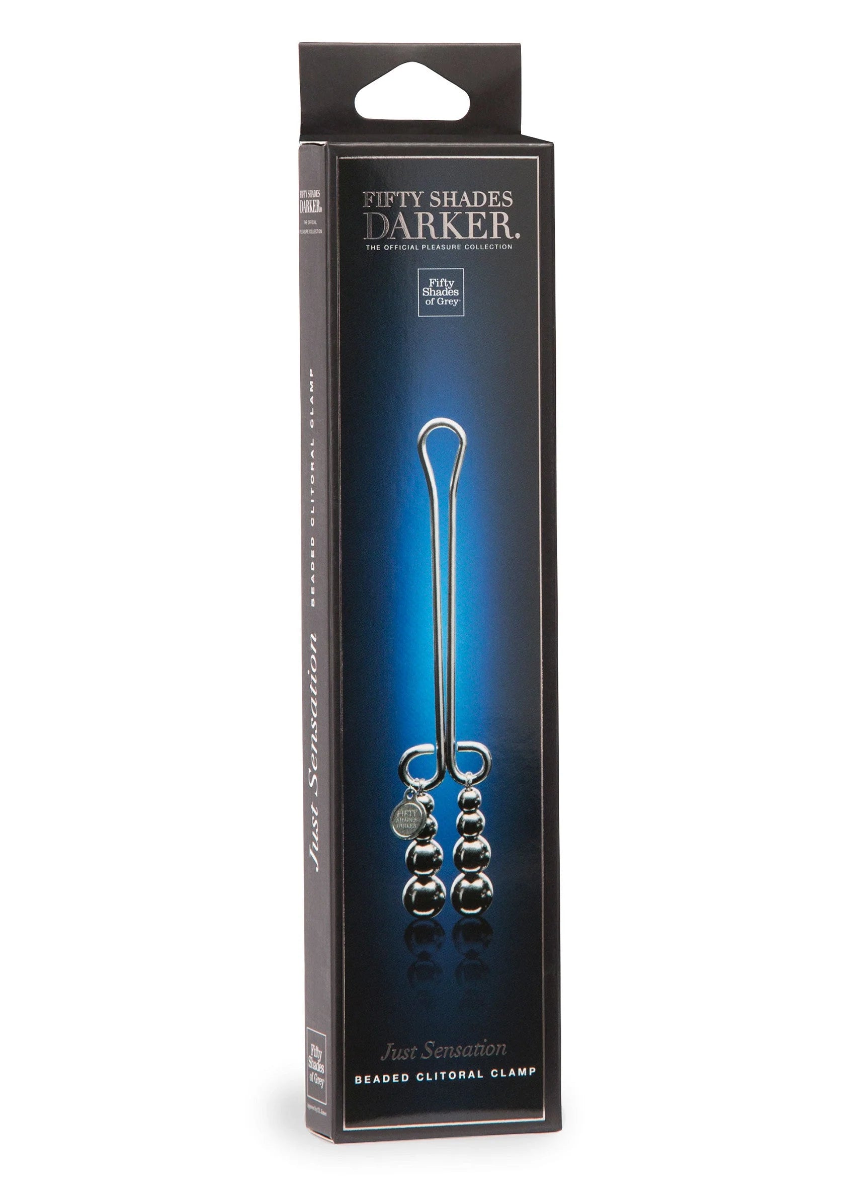 Fifty Shades Darker doos met zilveren kralen klem, blauwe productillustratie op de voorkant