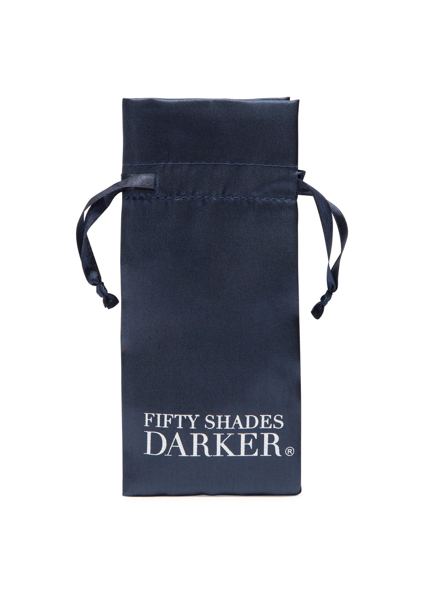 Donkerblauw opbergzakje met trekkoorden en Fifty Shades Darker merk op voorzijde