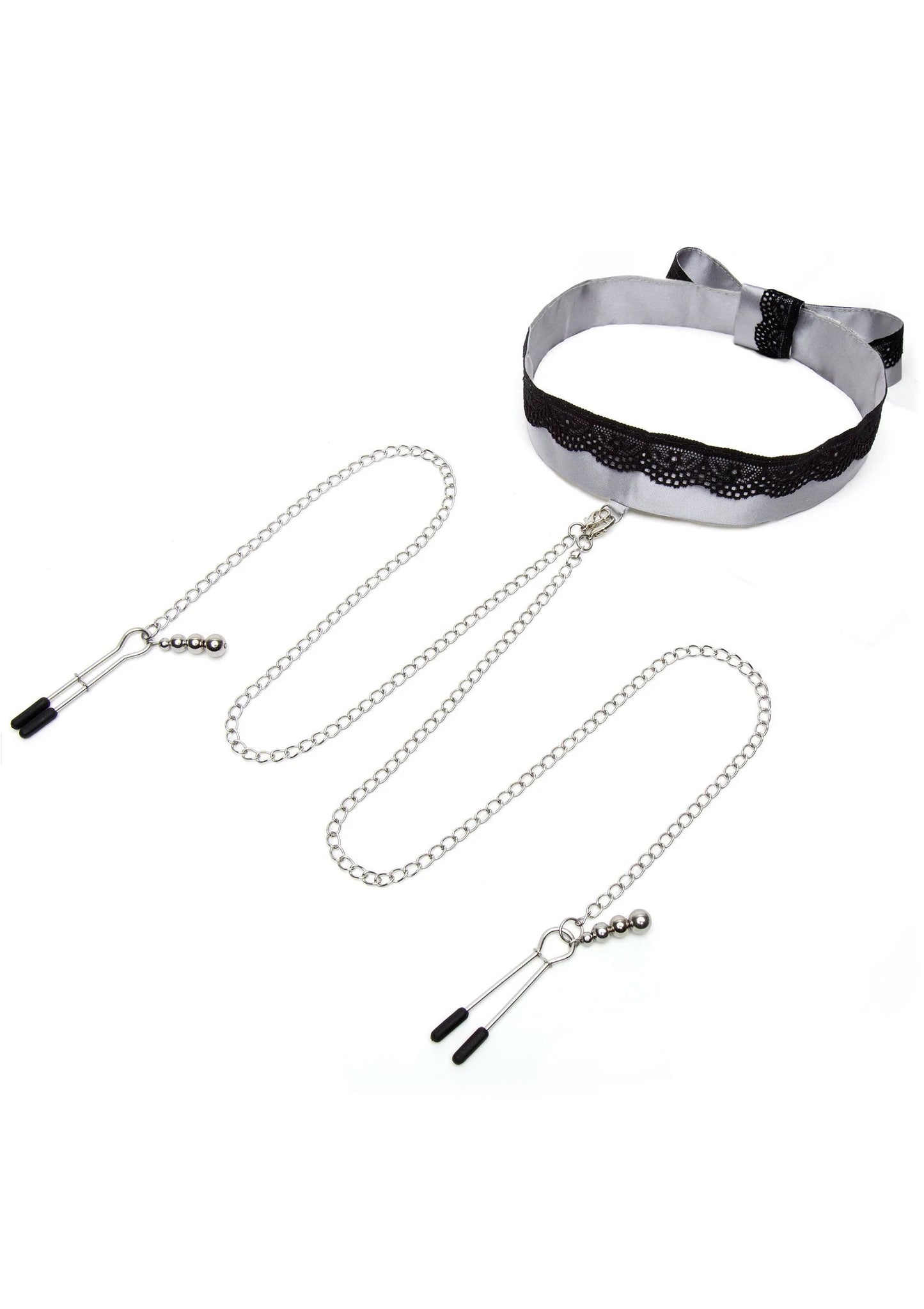 Satijnen choker met zwarte kant, plus twee metalen nippelklemmen aan kettingen