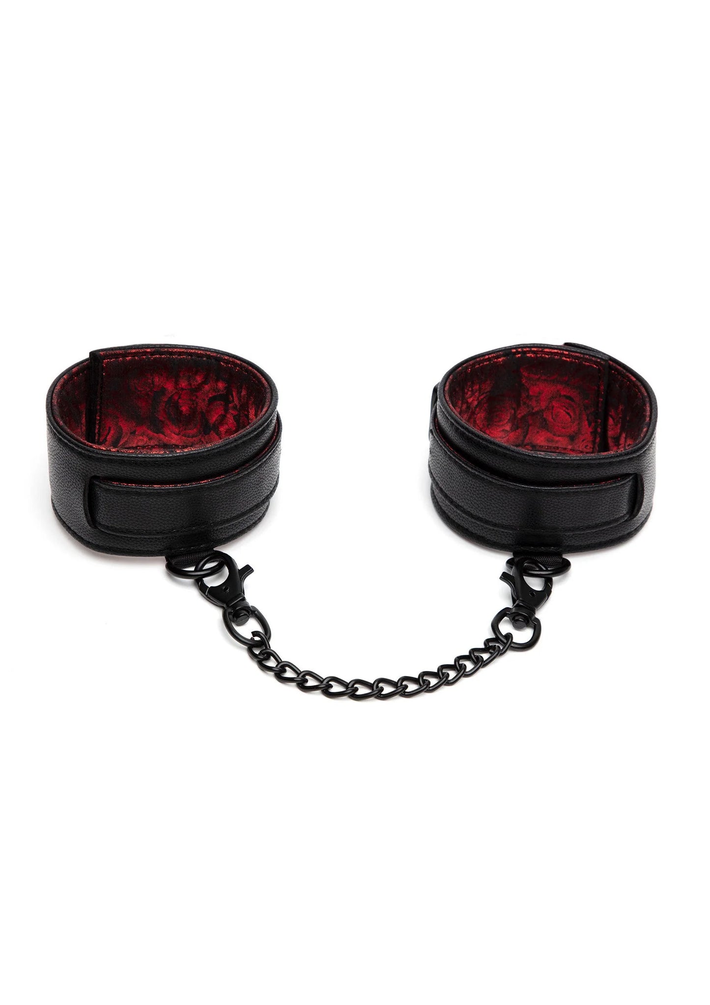 Enkelboeienset: twee zwarte cuff-randen met rode patroonvoering en ketting