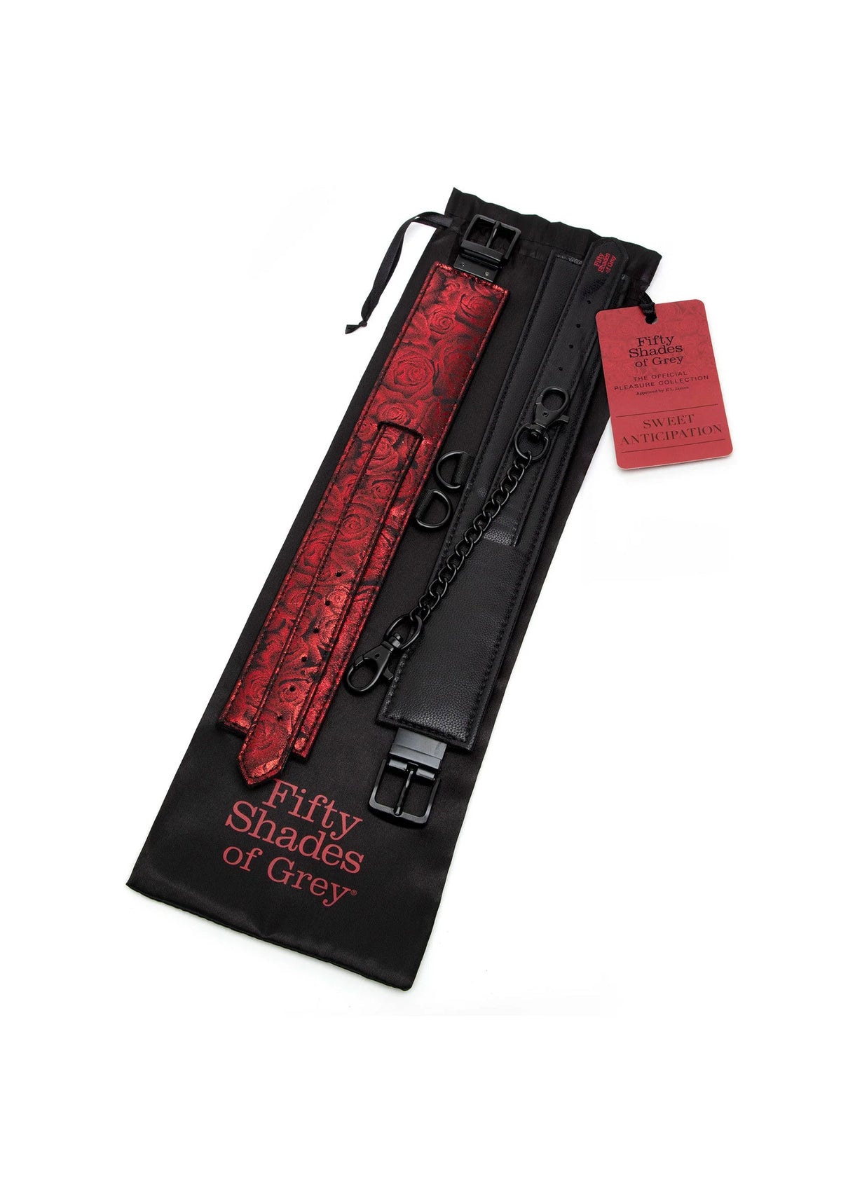 Enkelboeien in zwart en rood met ketting, verpakt in zwart zakje met label
