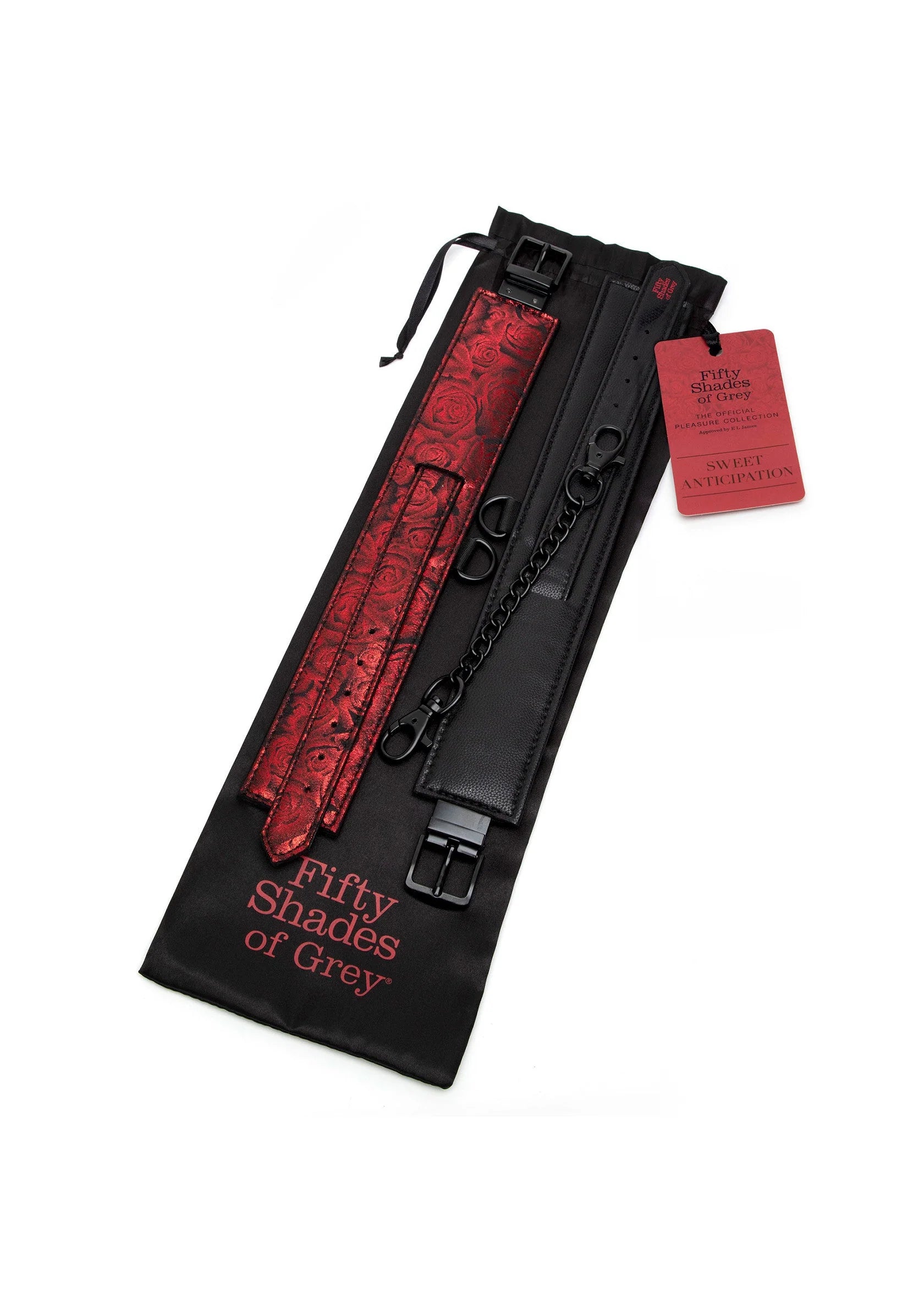 Enkelboeien in zwart en rood met ketting, verpakt in zwart zakje met label