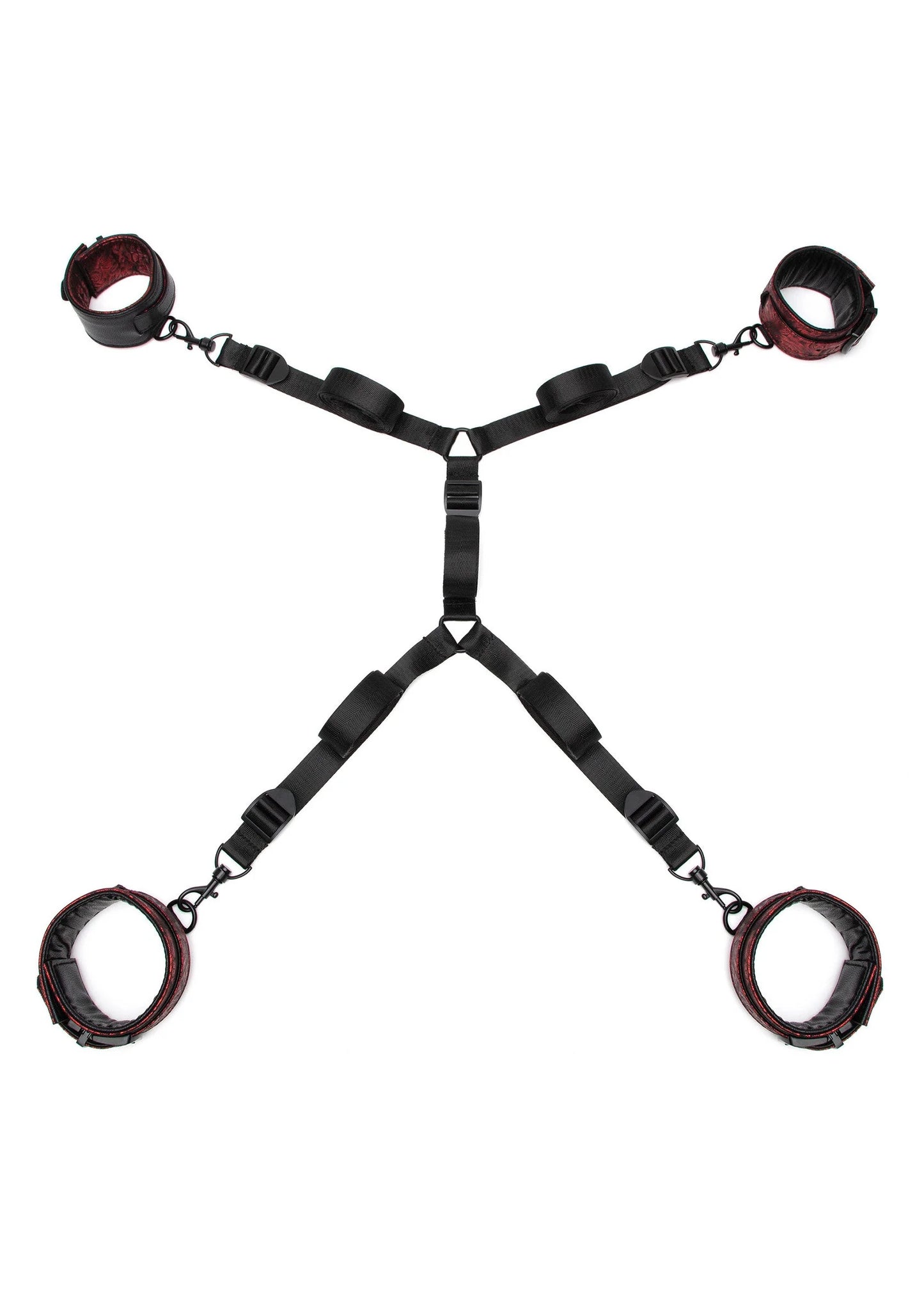 Zwarte Y-riem met metalen gespen en rood-gepatroonde handboeien links en rechts