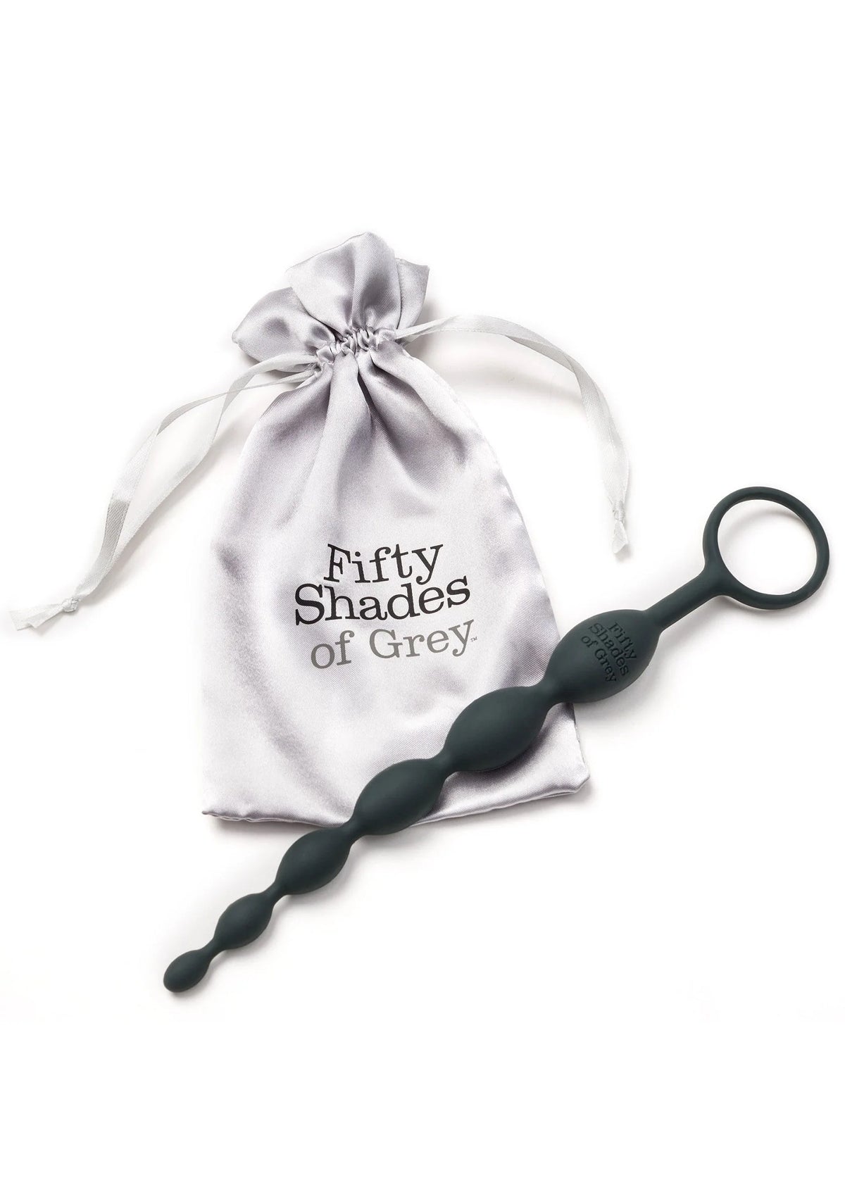 Stoffen zakje met Fifty Shades of Grey en donkere anale beads met ring.