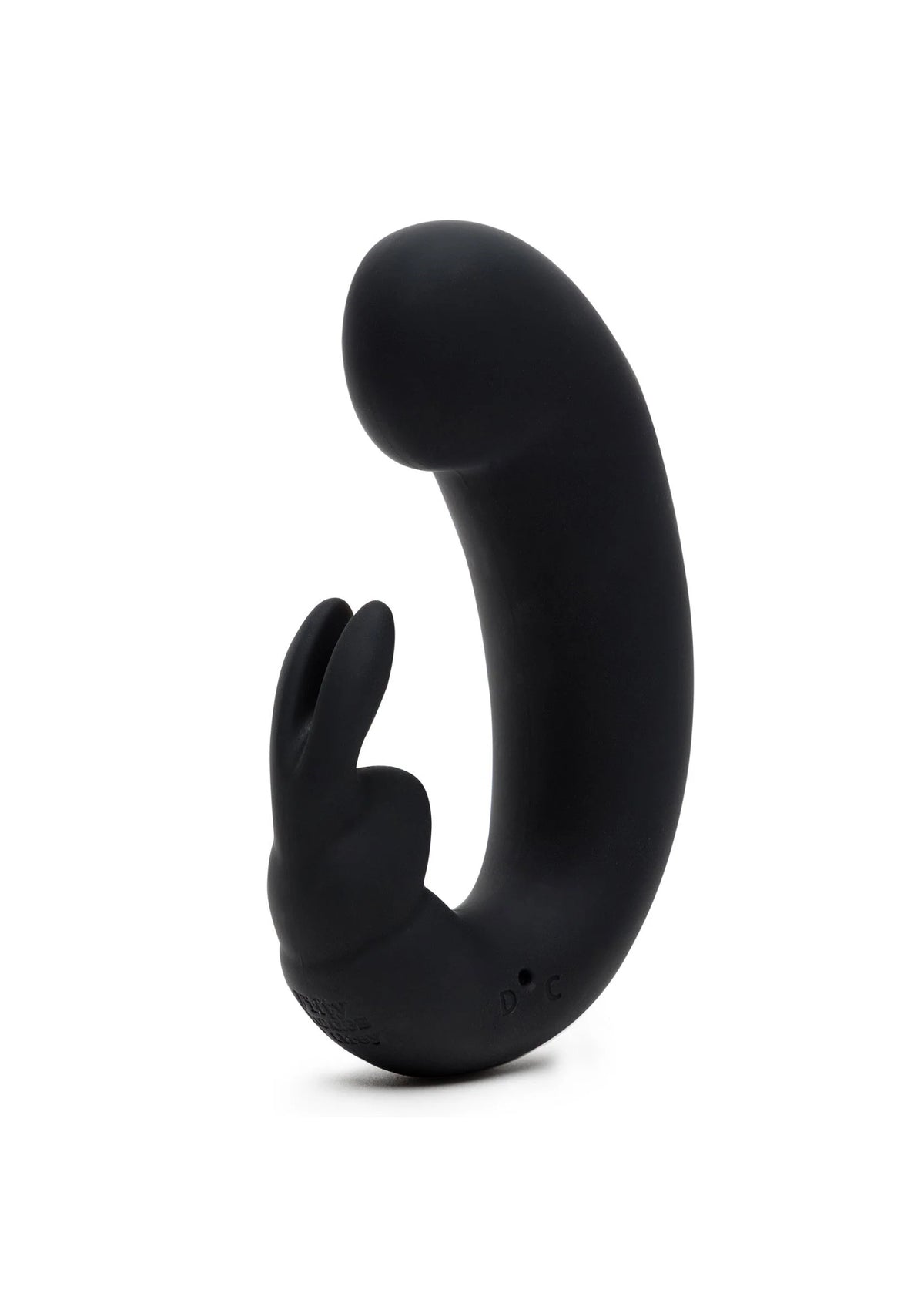 Zwarte rabbit vibrator met zijflap aan de binnenrand en afgeronde kop
