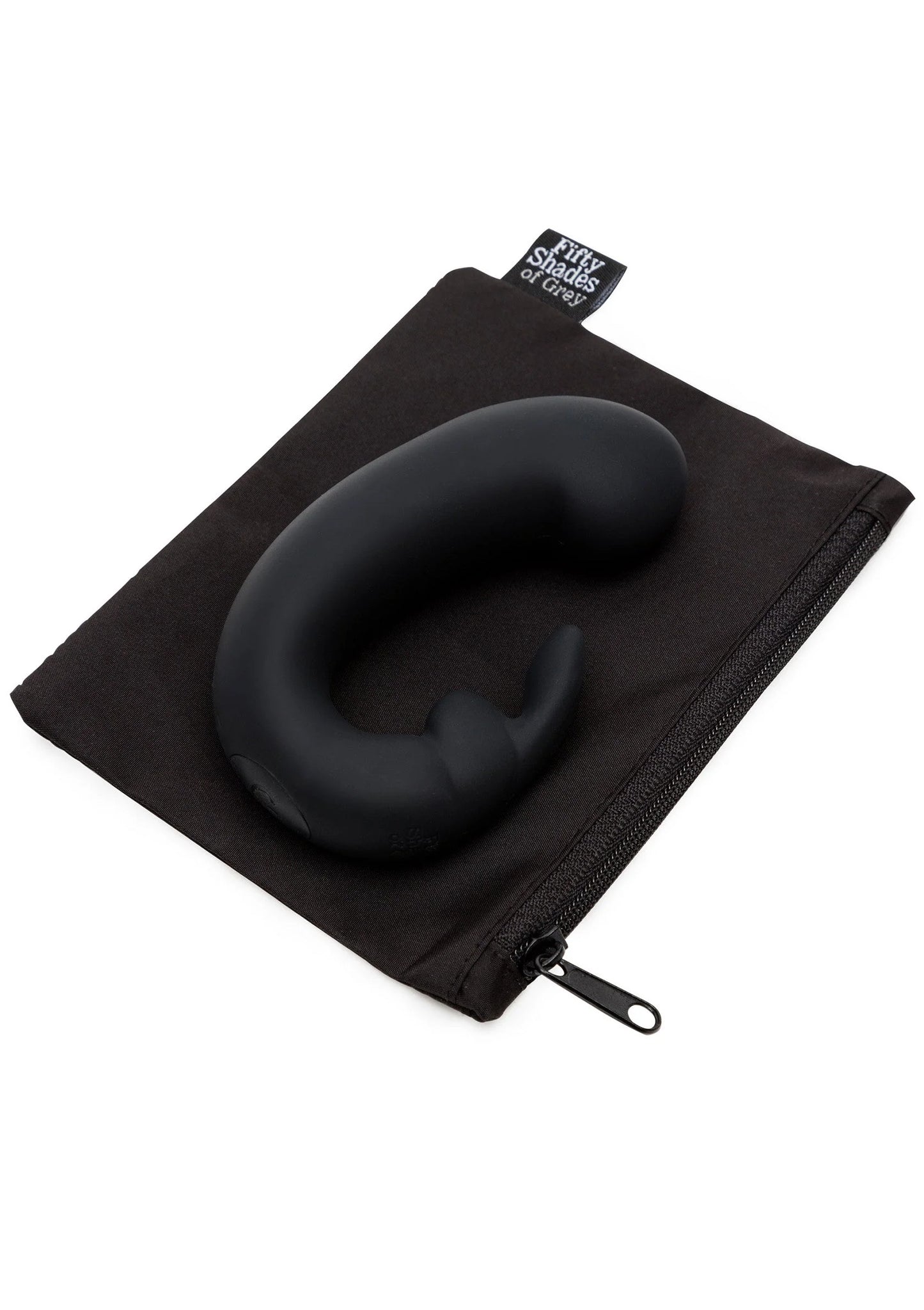 Zwarte opbergtas met rits en zichtbare rabbit vibrator