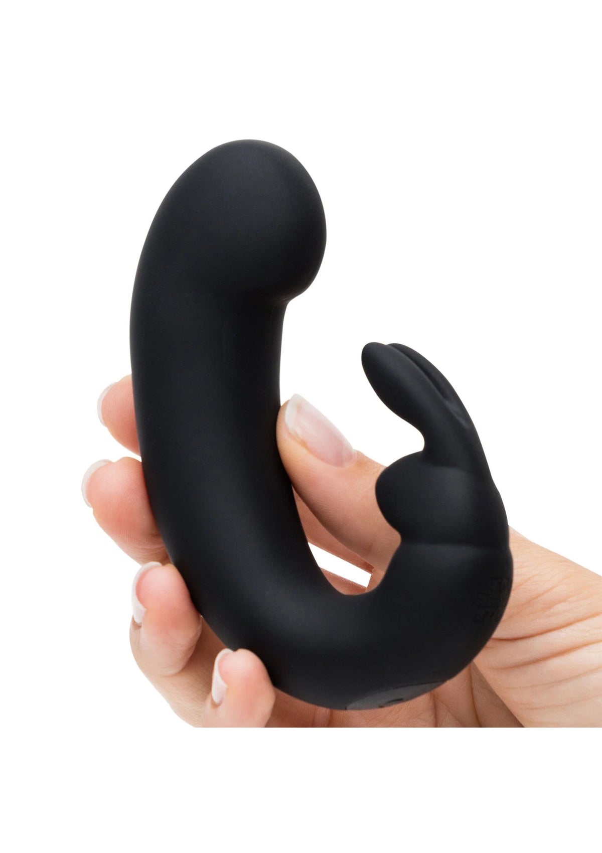 Zwarte oplaadbare rabbit vibrator vastgehouden in de hand