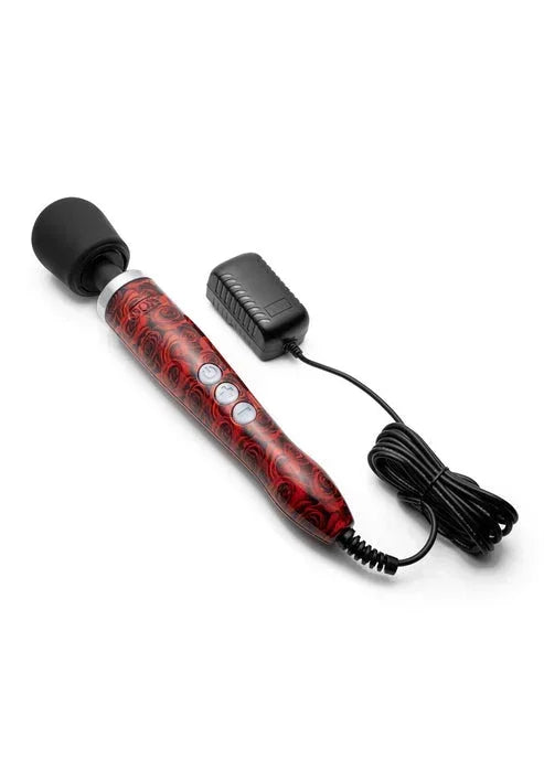 Metalen massagewand met rode tijgerprint en zwarte handgreep